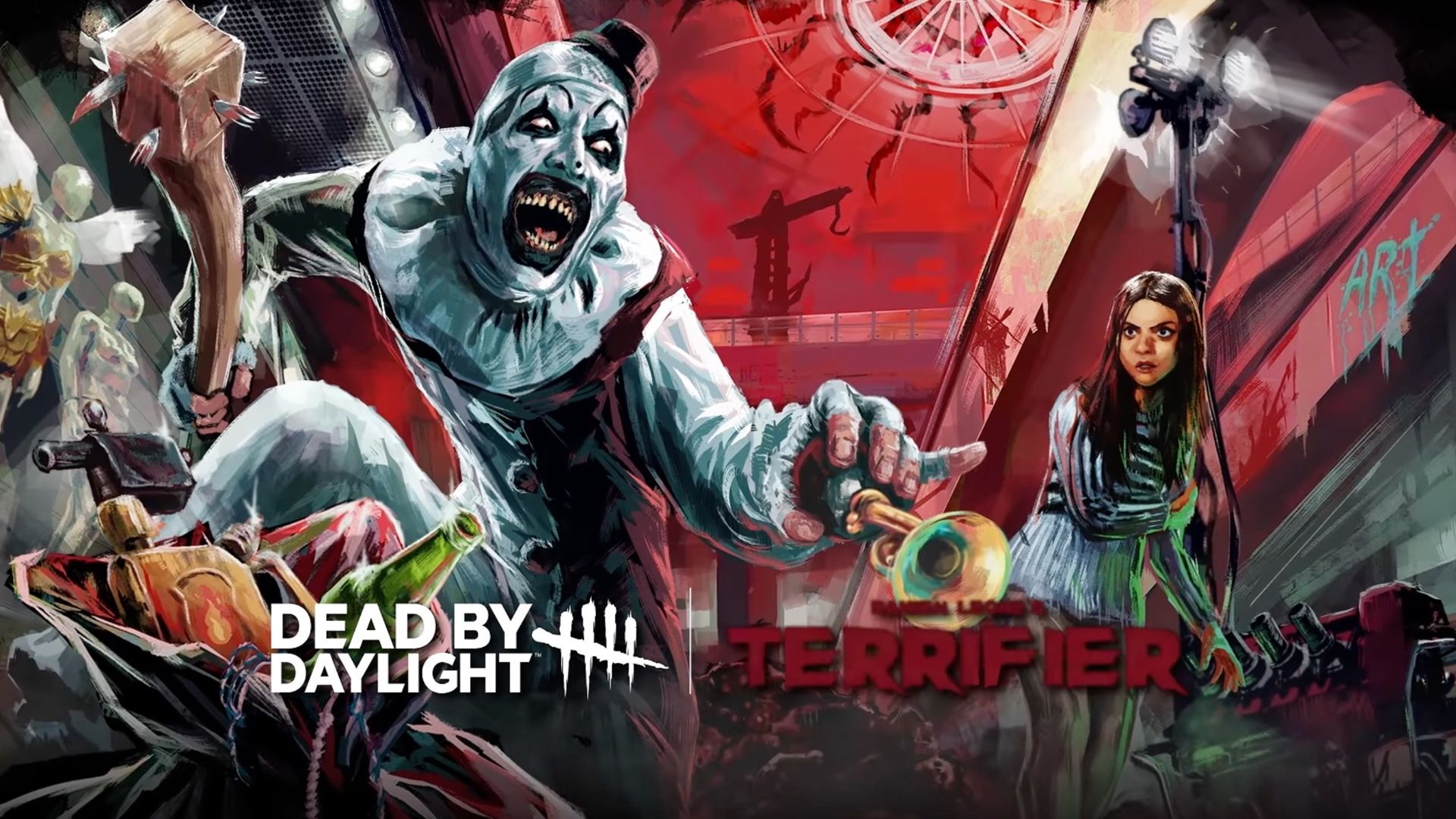 Dead by Daylight artwork for the Terrifier collaboration featuring Art and Sienna