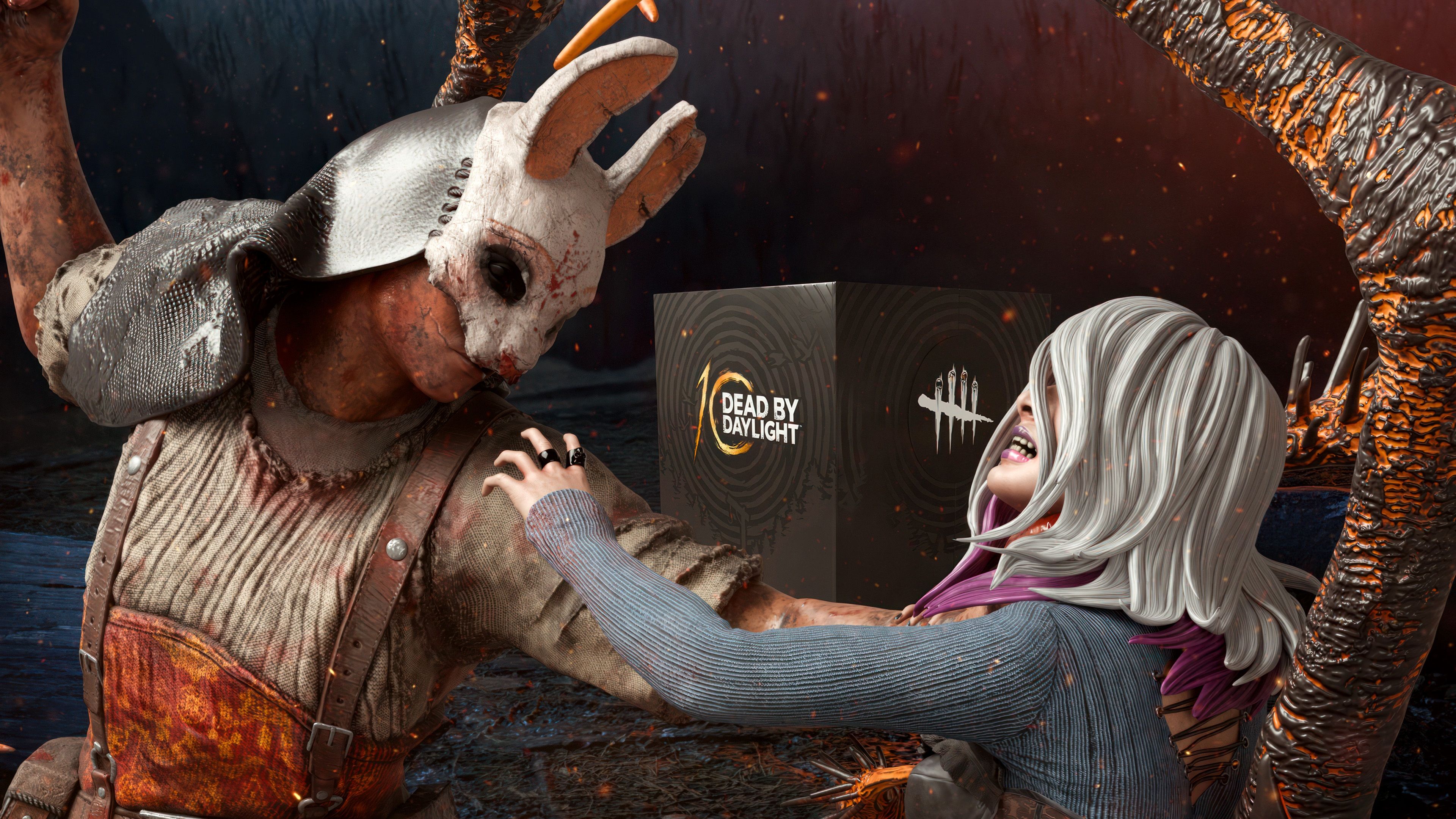 dead by daylight characters with collector's set box in the background