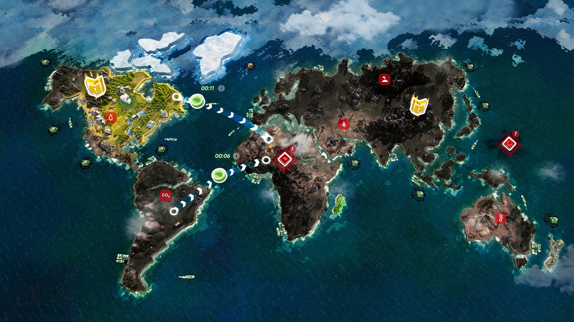 the overworld map in eco inc save the earth with environmental issues displayed all over it.