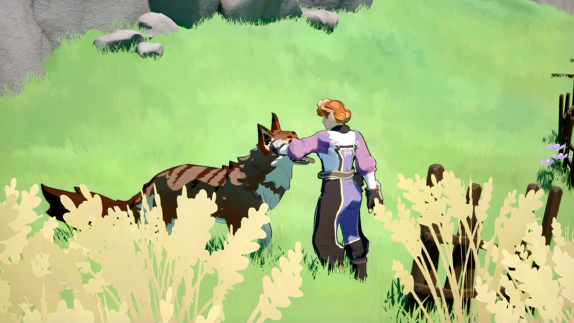 fae and fauna player petting a magical faeon dog.