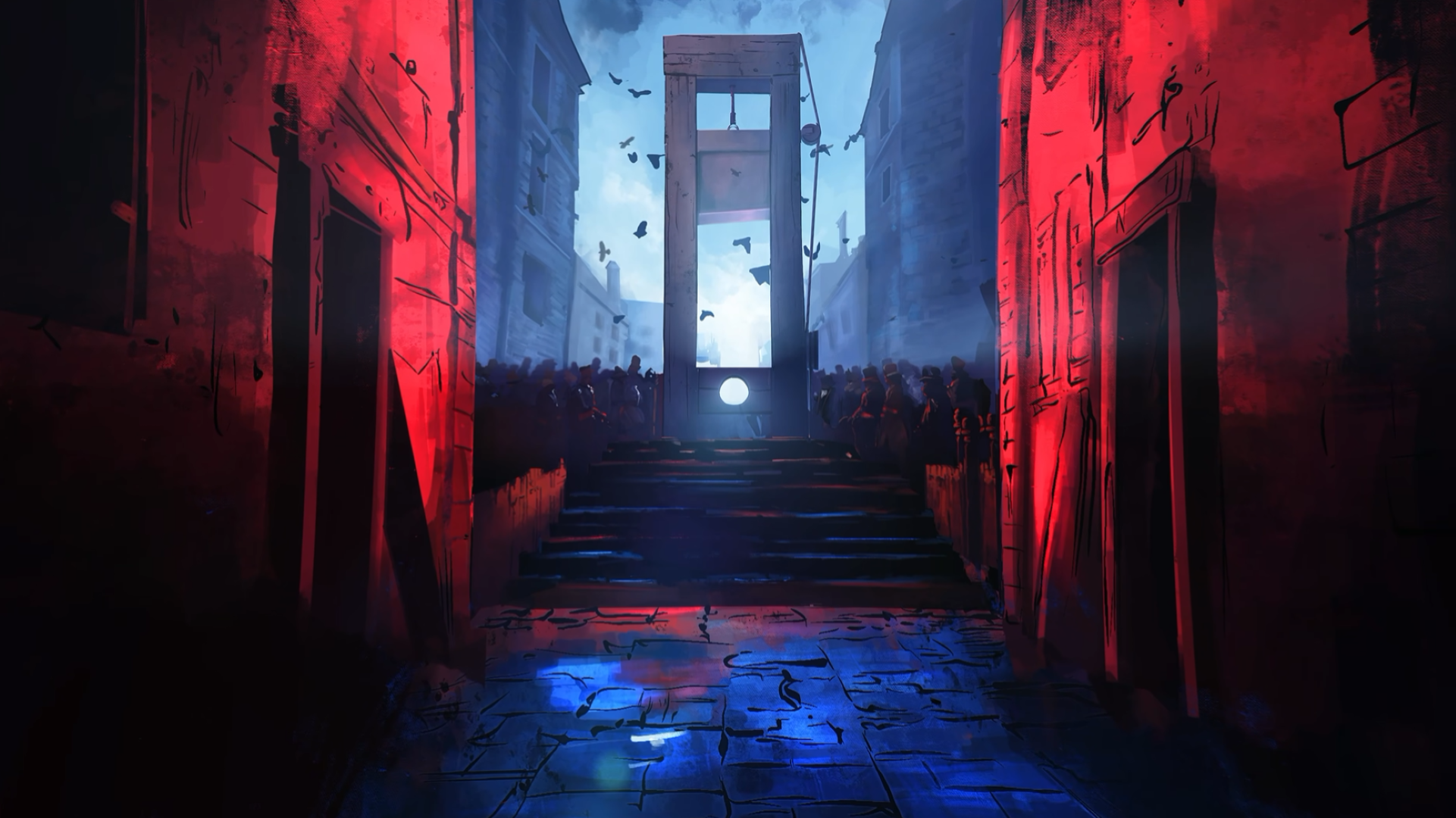 Guillotine against dark backdrop and crows