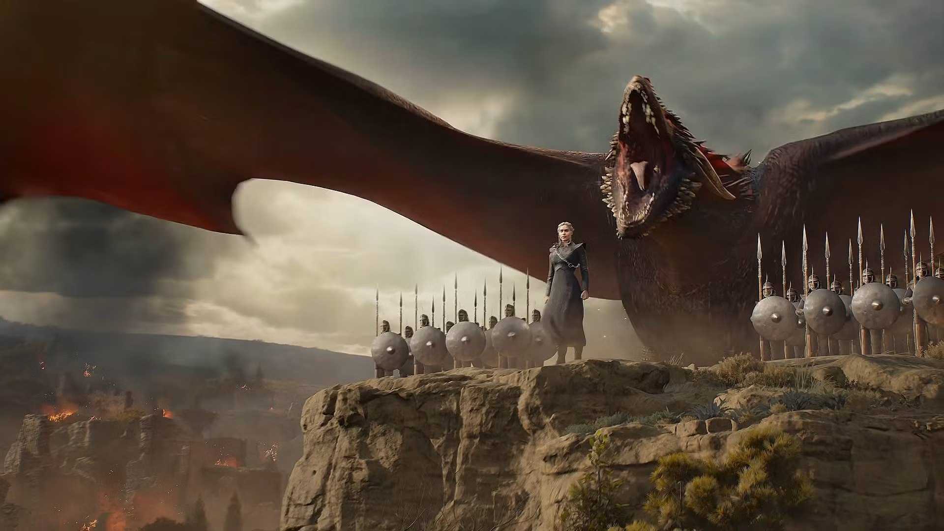 game of thrones war for westeros daenerys standing on cliff with dragon and soldiers