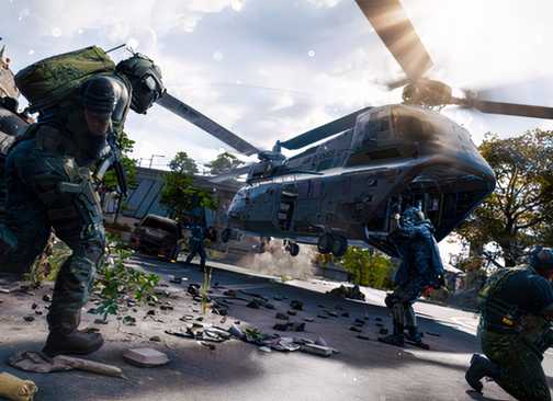 Soldiers moving around a helicopter in a Modern Warfare 4 promotional image