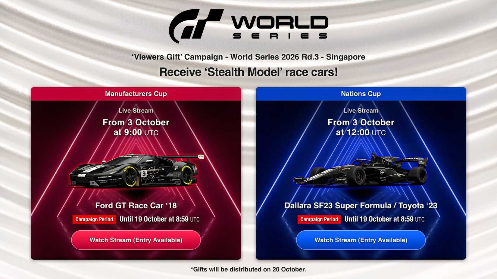 ford gt race car '18 and dallara sf23 super formula in gran turismo 7 shown with their limited-edition stealth mode skin.