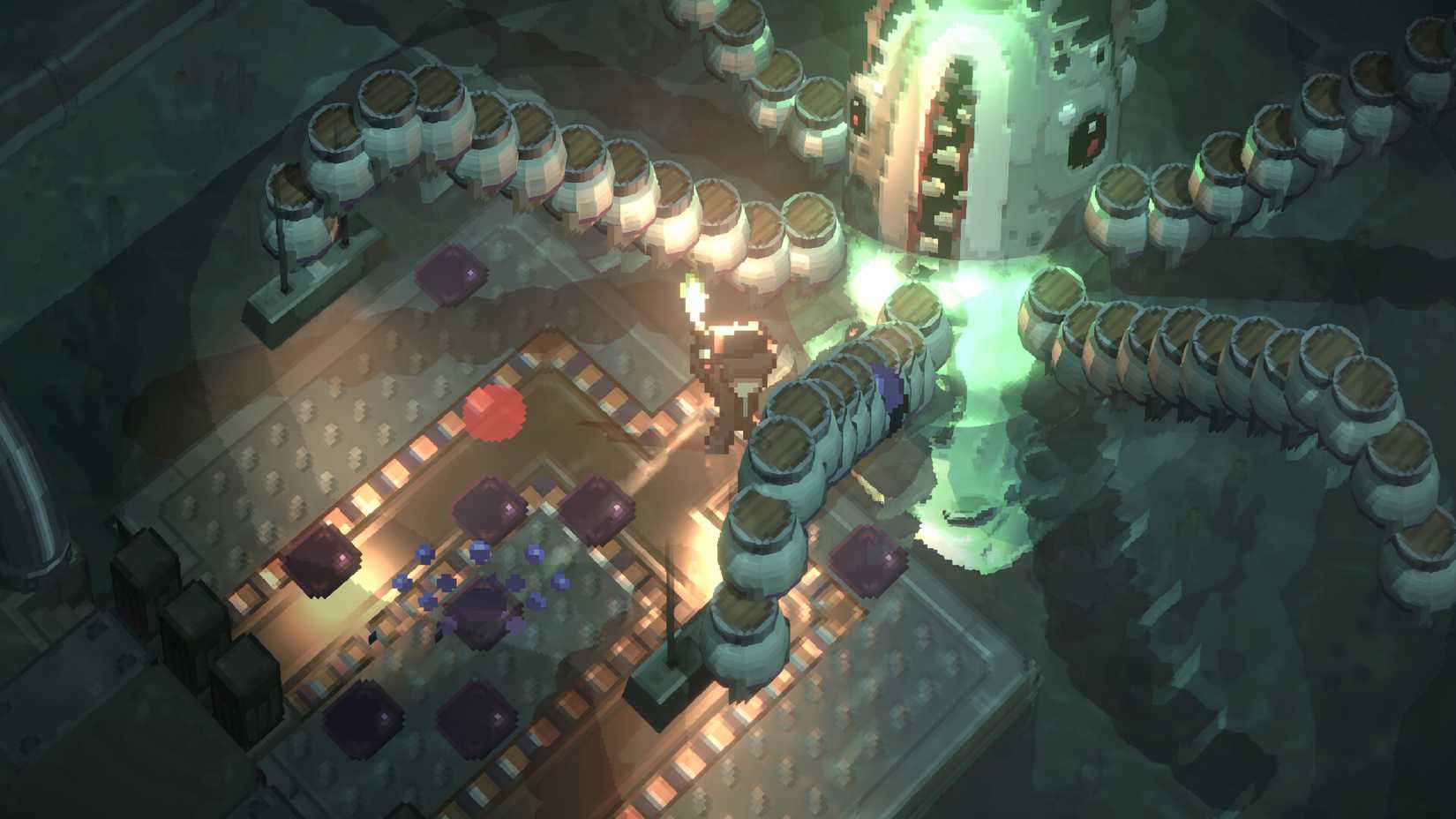 Graytail's protagonist fights a boss inside a dungeon, approaching a large mechanical structure surrounded by eerie green light and glowing liquid