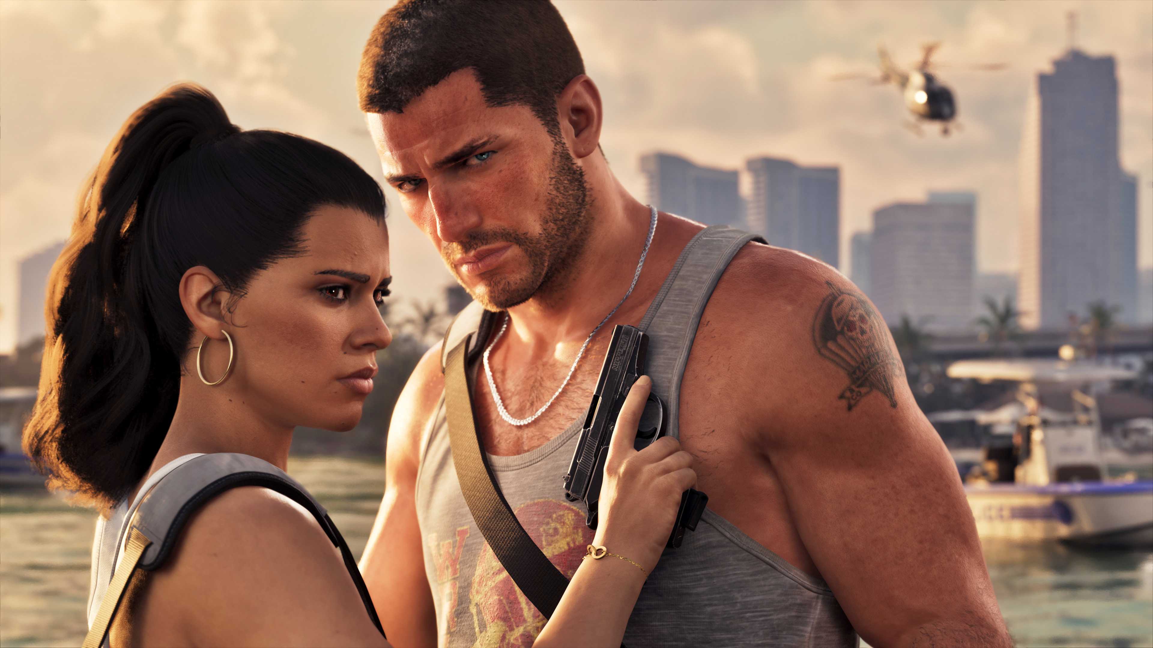 GTA 6 Lucia holding a gun to Jason's chest in Grand Theft Auto 6