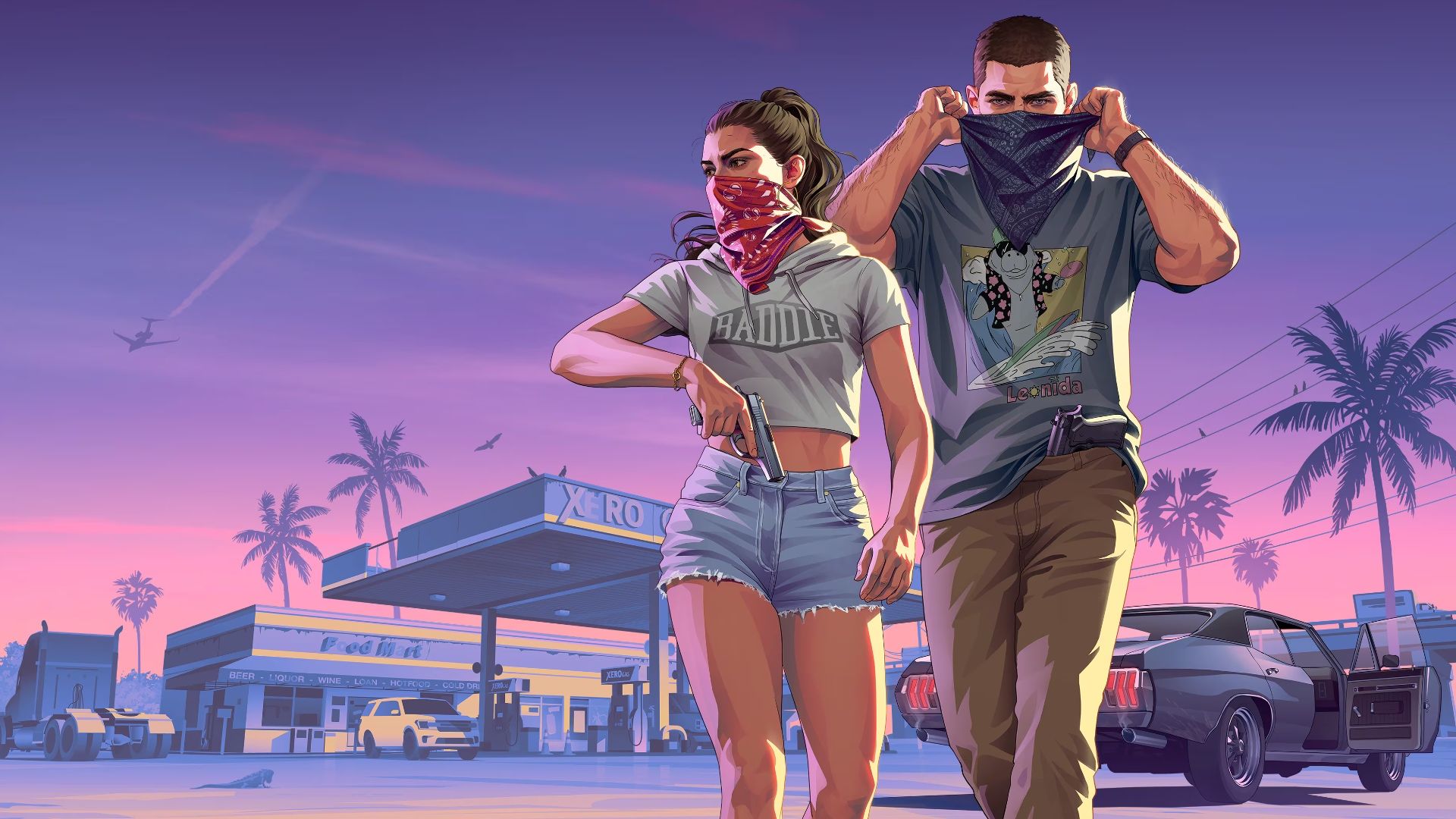 GTA 6 Protagonists on purple background with gas station behind them