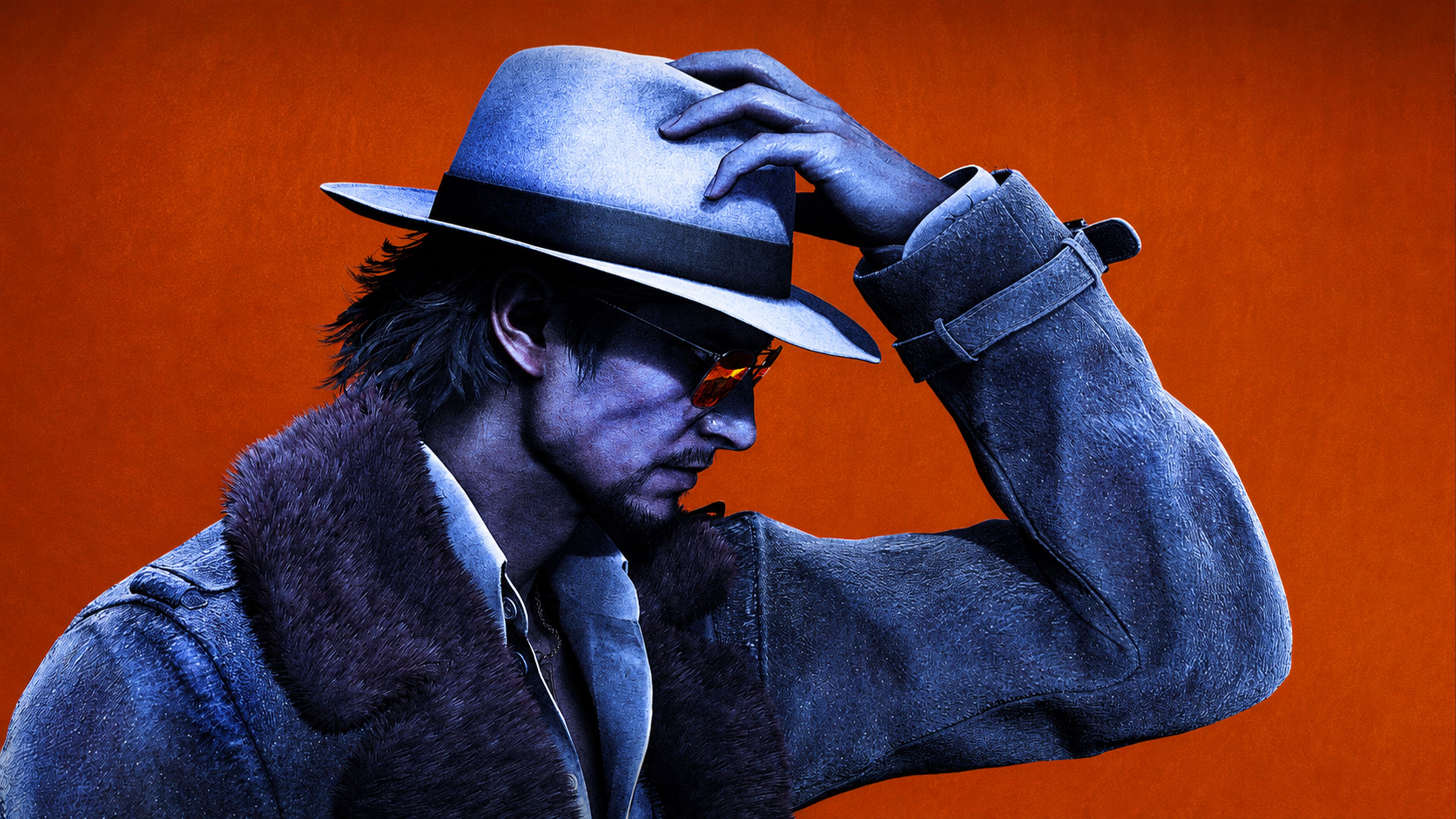 Makoto Daito adjusts his white fedora while wearing tinted sunglasses and a fur-collared coat against a vibrant orange background in Stranger Than Heaven