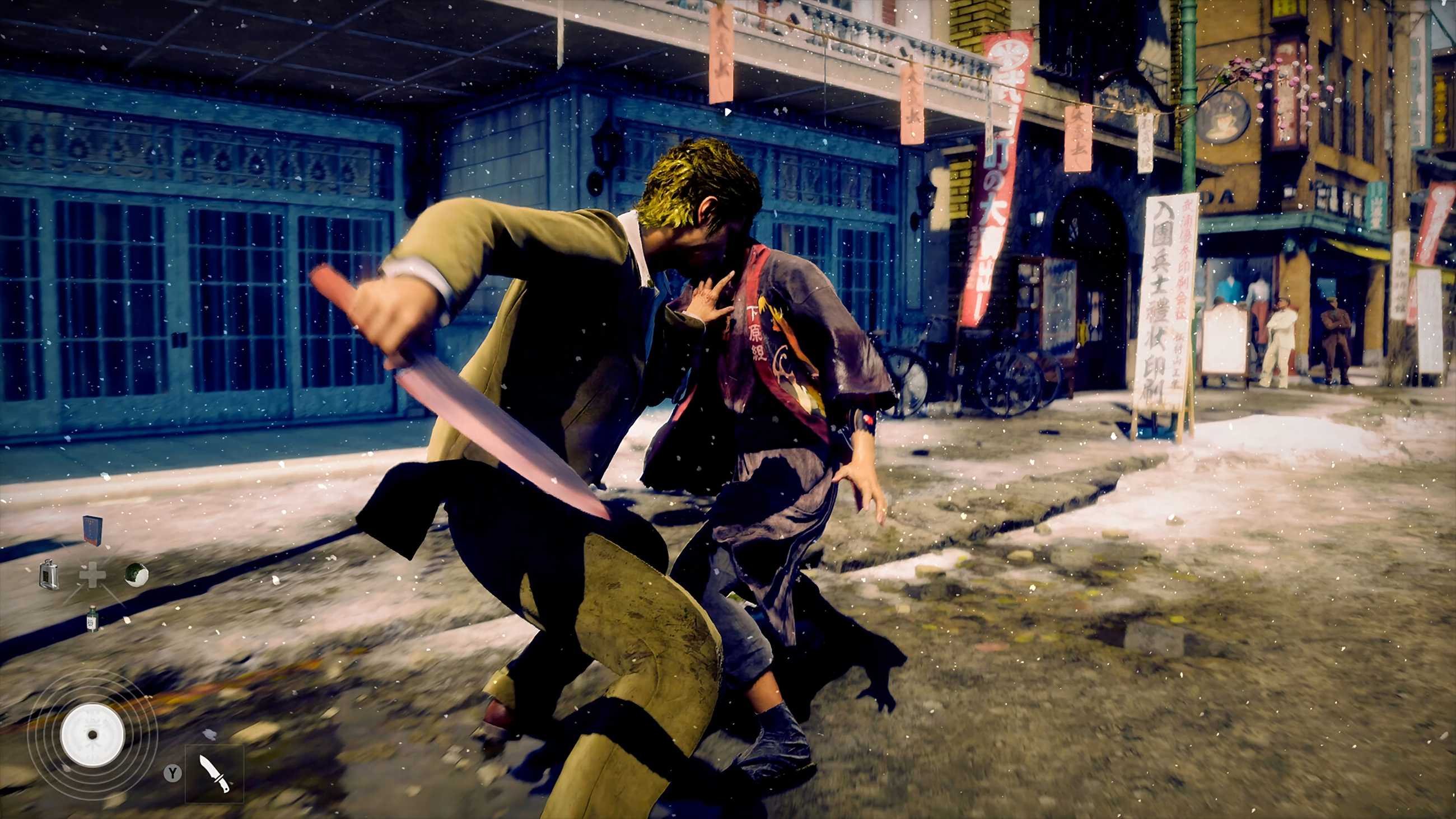 Makoto Daito attacks an enemy with a large knife during a brutal street fight as snow falls over a historic Japanese city in Stranger Than Heaven