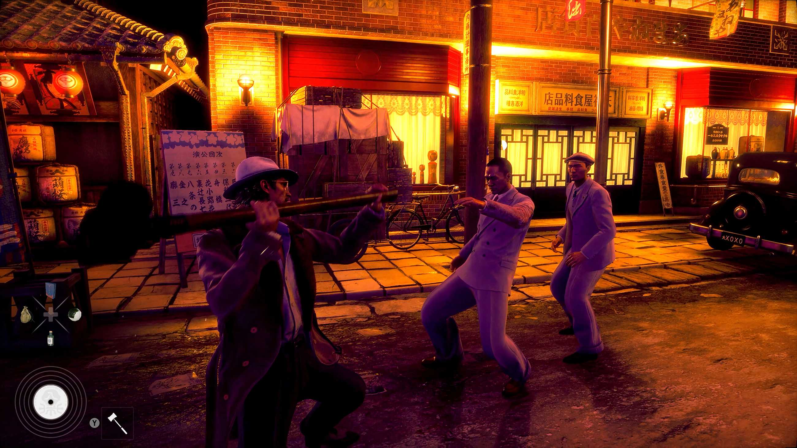 Makoto Daito swings a metal pipe at two enemies in white suits during a nighttime street fight in Stranger Than Heaven