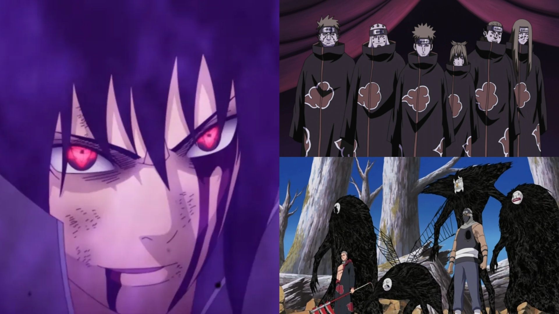 Sasuke using his Magekyo Sharingan in Naruto Shippuden while the Six Paths of Pain assemble and Hidan and Kakuzu prepare to fight.