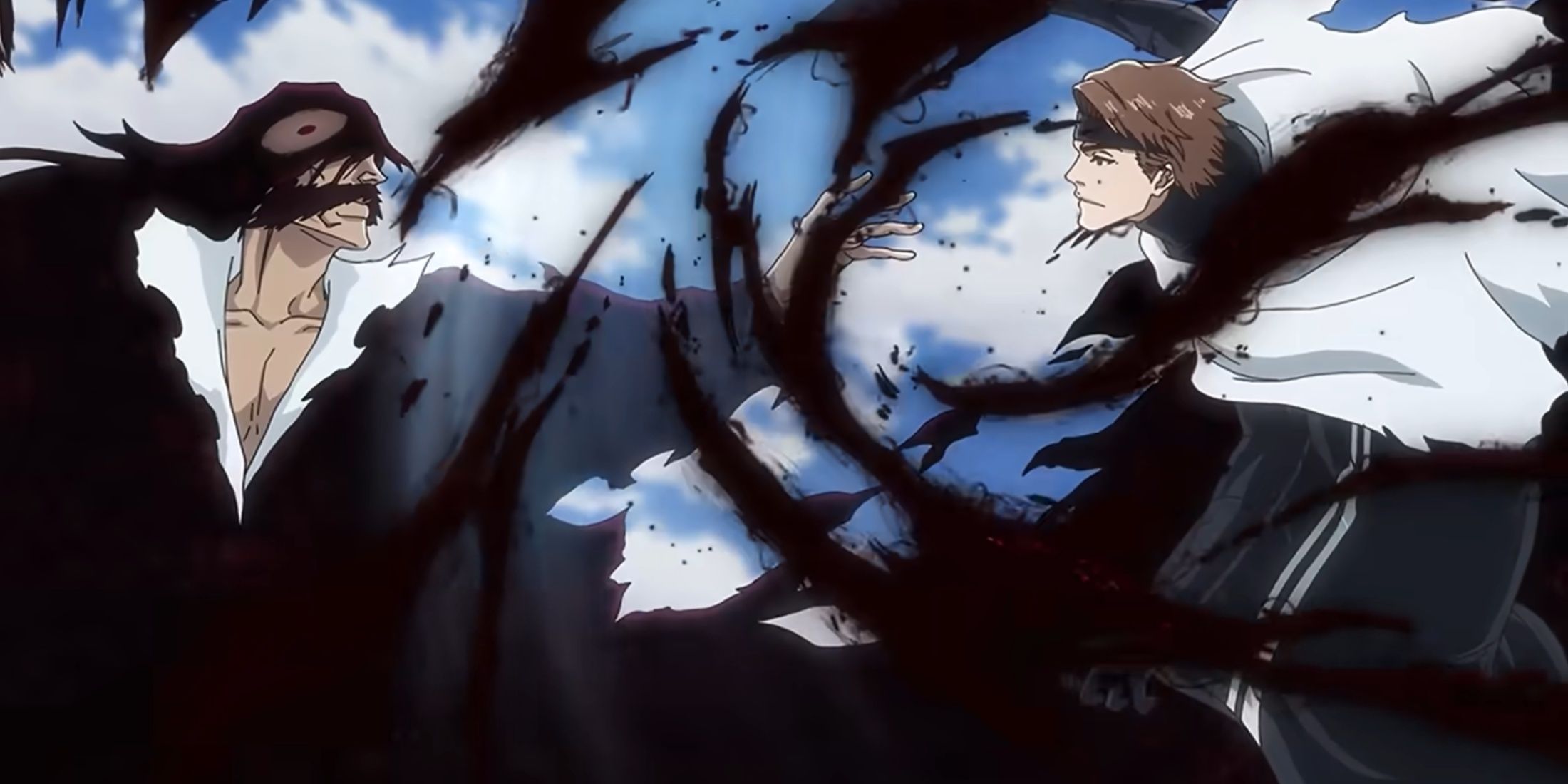 Aizen cuts through Yhwach's darkness in Bleach; The Thousand-Year Blood War.