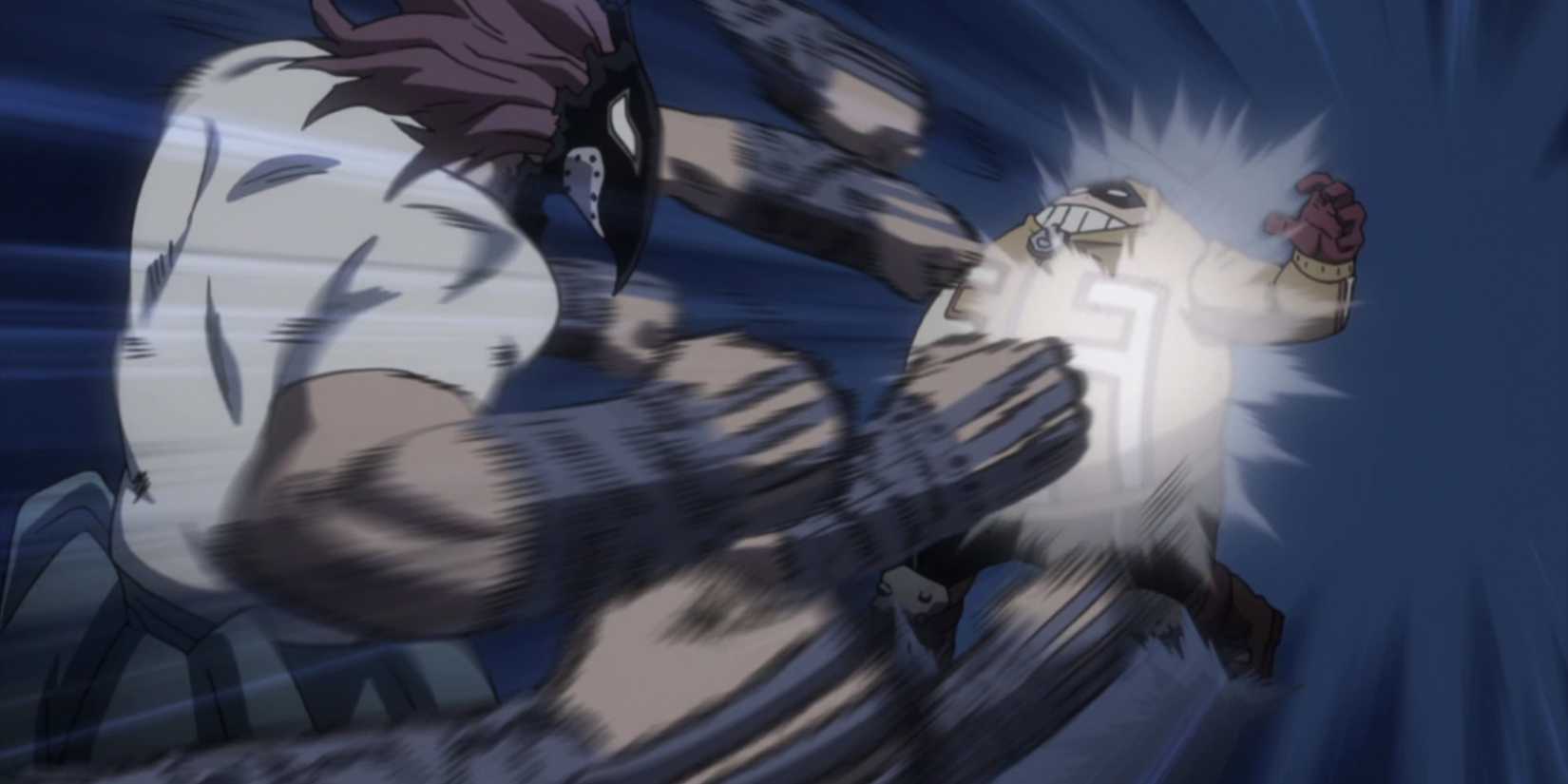 Kendo Rappa unleashes a flurry of empowered punches on Fat Gum in My Hero Academia.