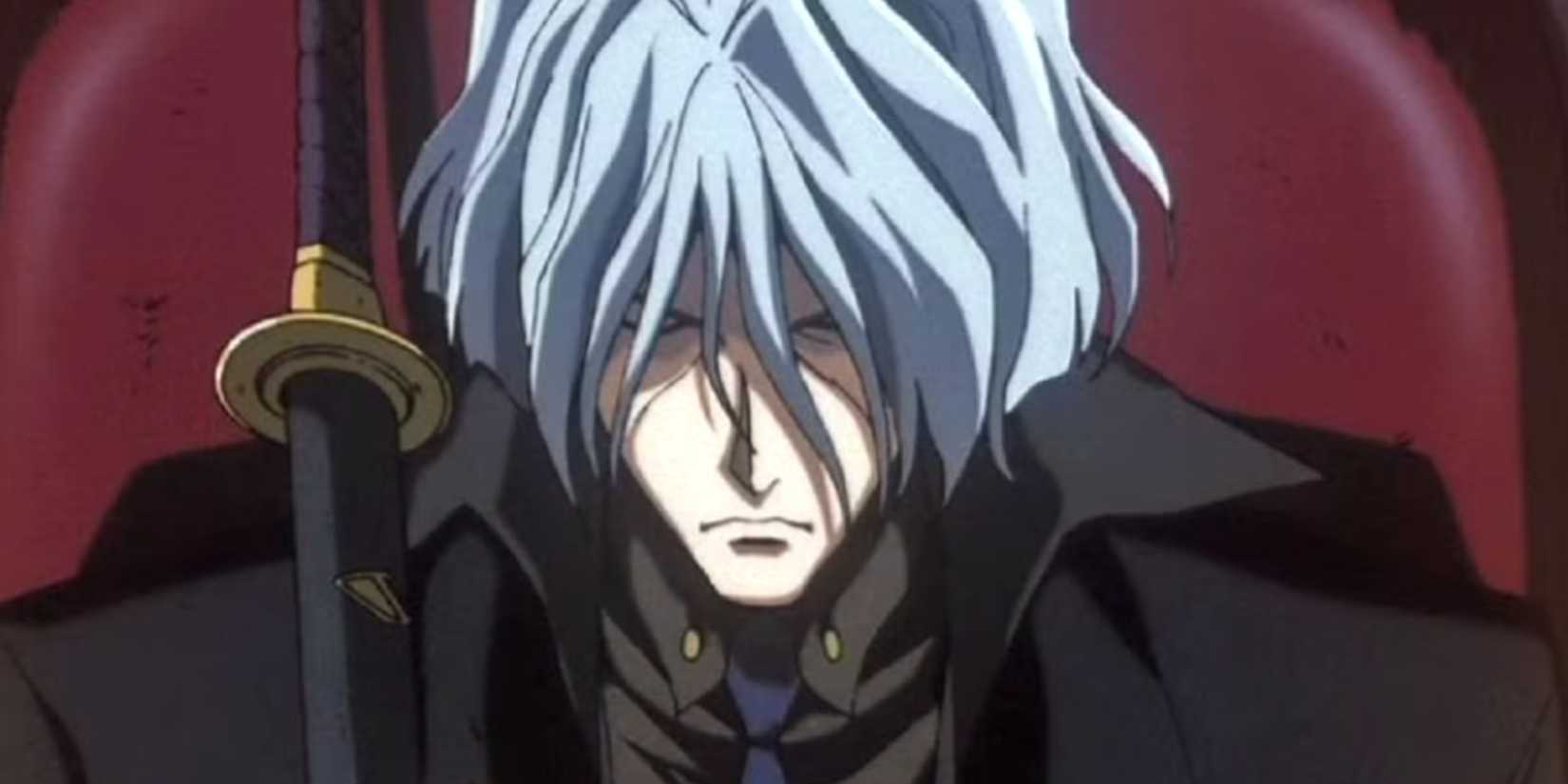 Vicious frowns while sitting and holding his holding his katana in Cowboy Bebop.