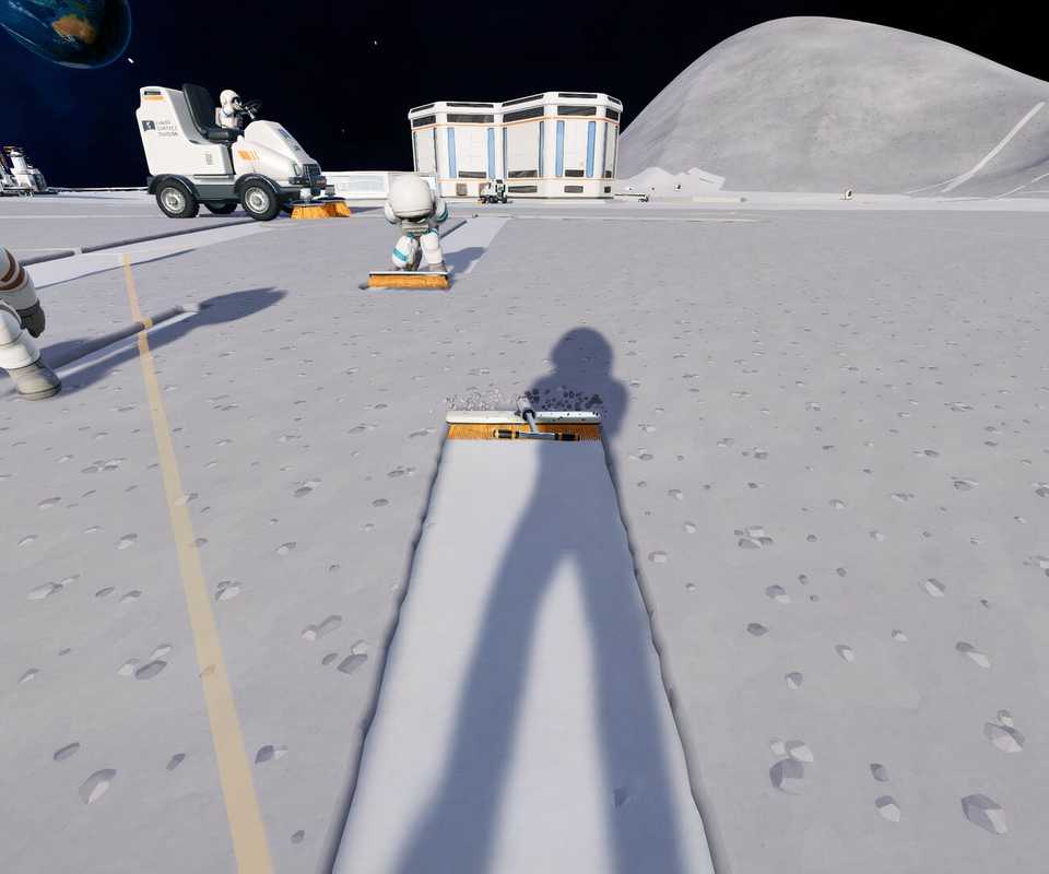 Astronauts using cleaning tools beside a sweeper vehicle and lunar buildings in Moon Sweepers
