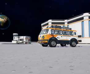 Yellow cleaning vehicle parked beside a lunar building with Earth visible in the sky in Moon Sweepers