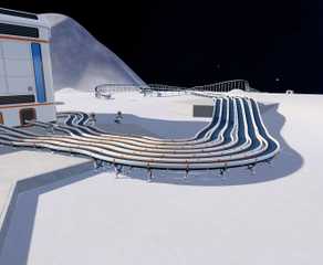 Parallel conveyor belts curving across the lunar surface beside a building in Moon Sweepers