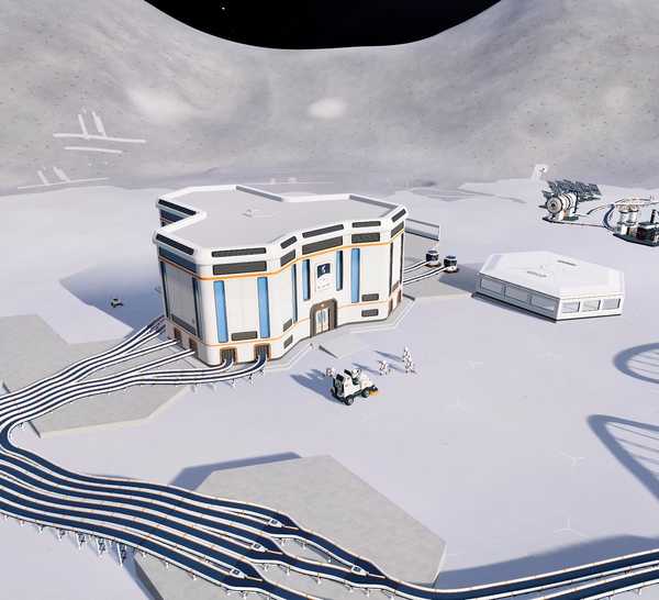 Overhead view of lunar base buildings connected by conveyor belts in Moon Sweepers