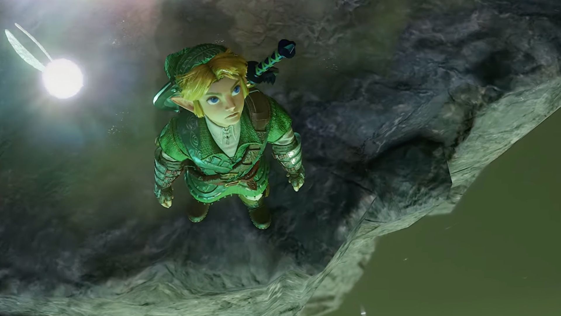 Ocarina of Time remake adult Link and Navi stare out over a cliff