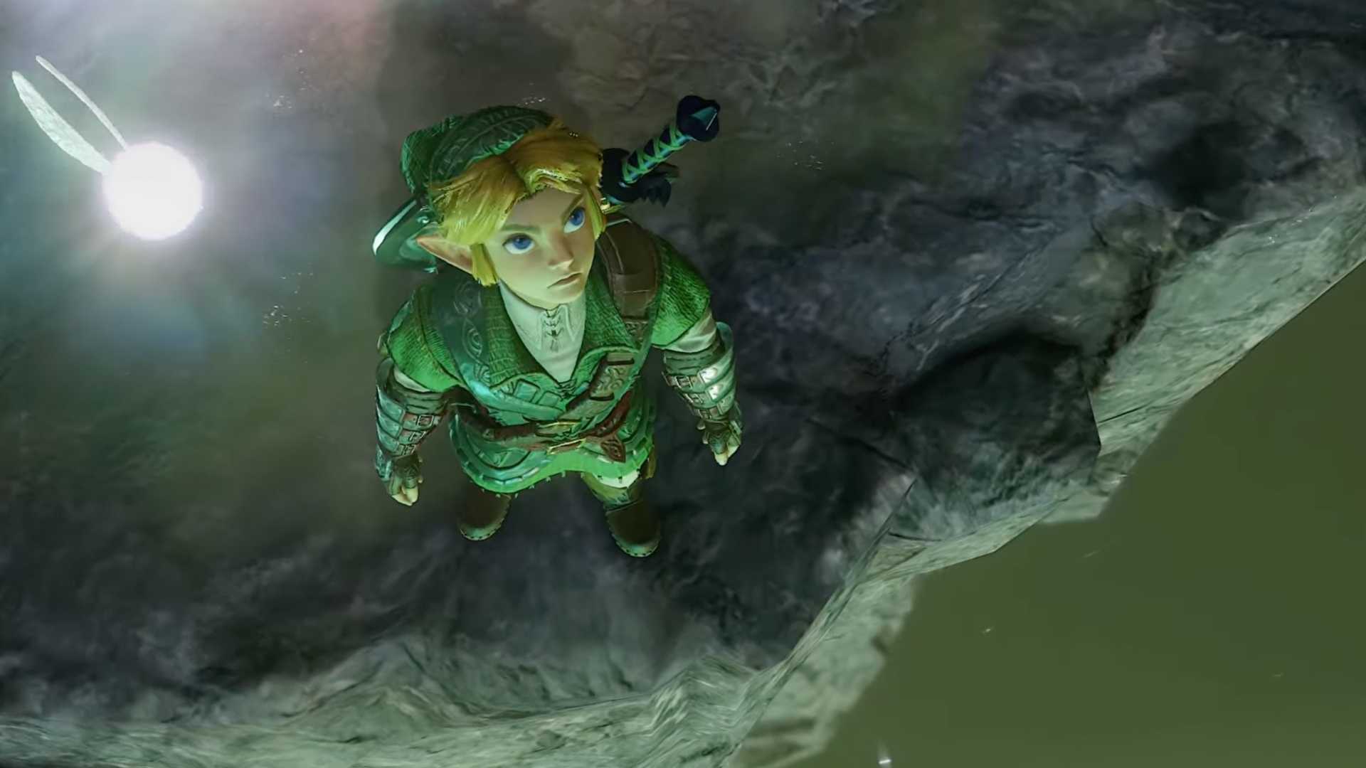 Ocarina of Time remake adult Link and Navi stare out over a cliff