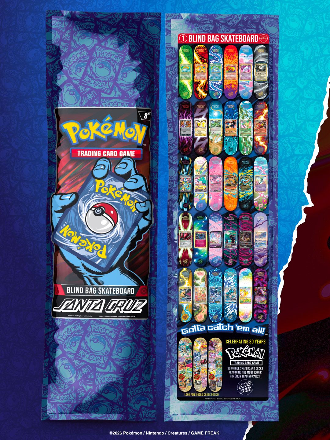 Pokemon TCG Skateboard Set showing 30 designs