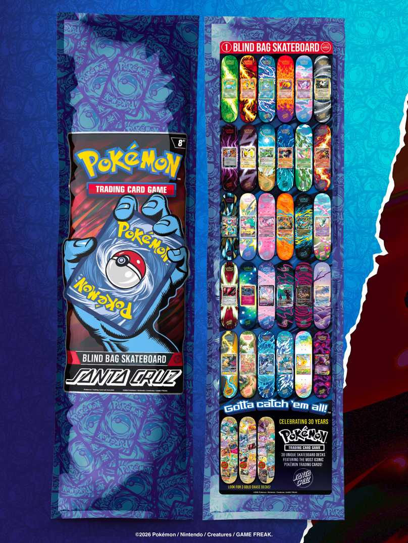 Pokemon TCG Skateboard Set showing 30 designs