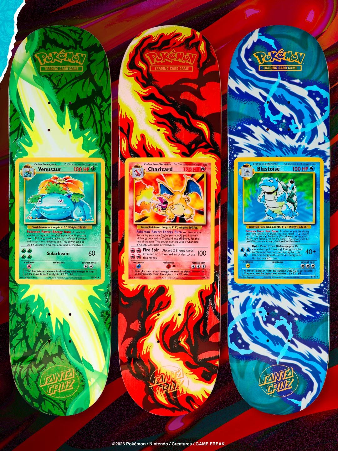 Pokemon TCG Skateboards with Charizard, Venusaur, and Blastoise