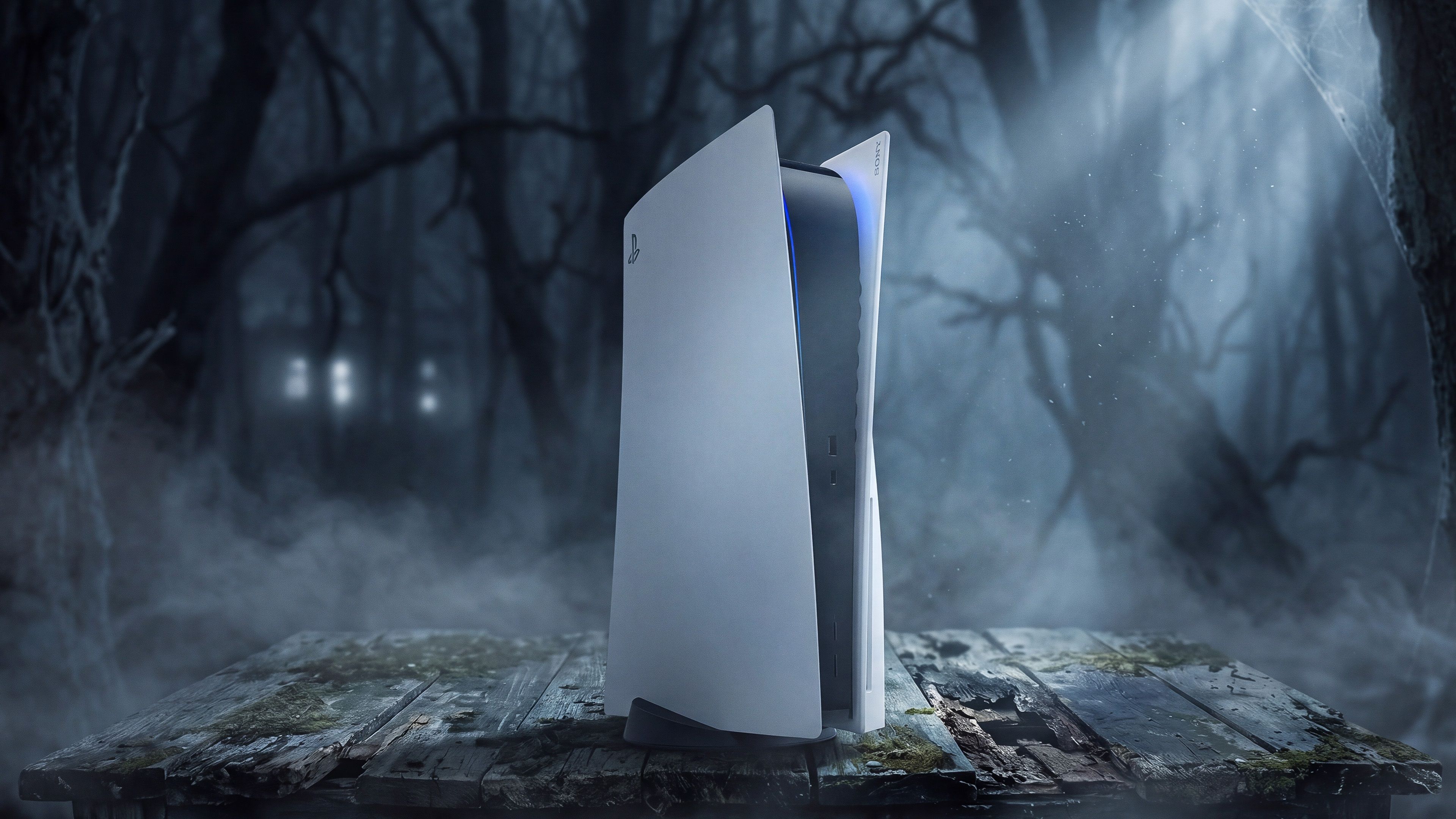 ps5 console with spooky background
