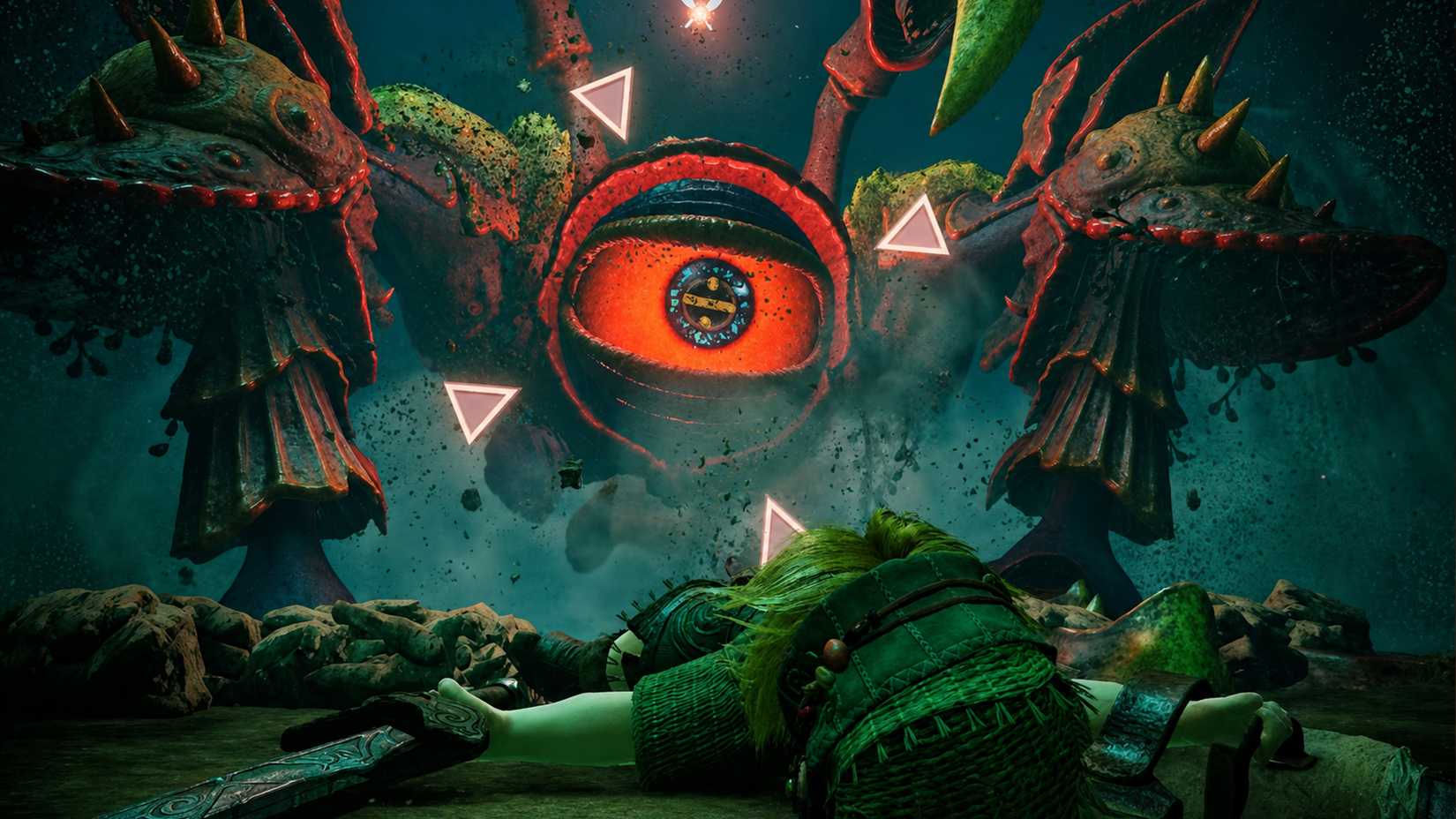 Queen Gohma towers over a fallen Link, her enormous red eye glowing during a boss fight in The Legend of Zelda Ocarina of Time remake