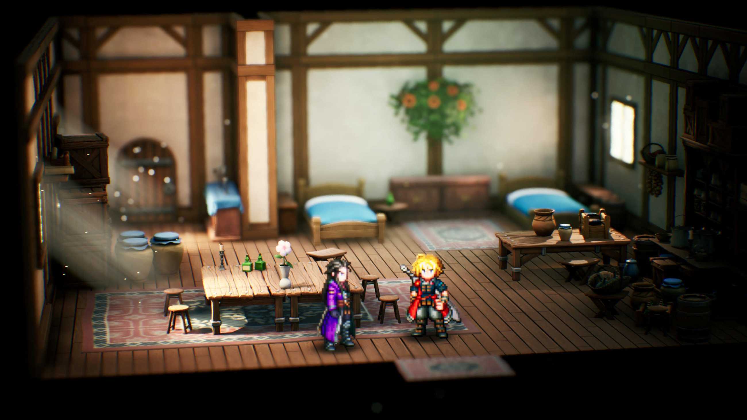 Rain and Lasswell stand inside a cozy wooden room in Final Fantasy Resonance, featuring twin beds, a dining table with flowers, and warm sunlight streaming through the doorway