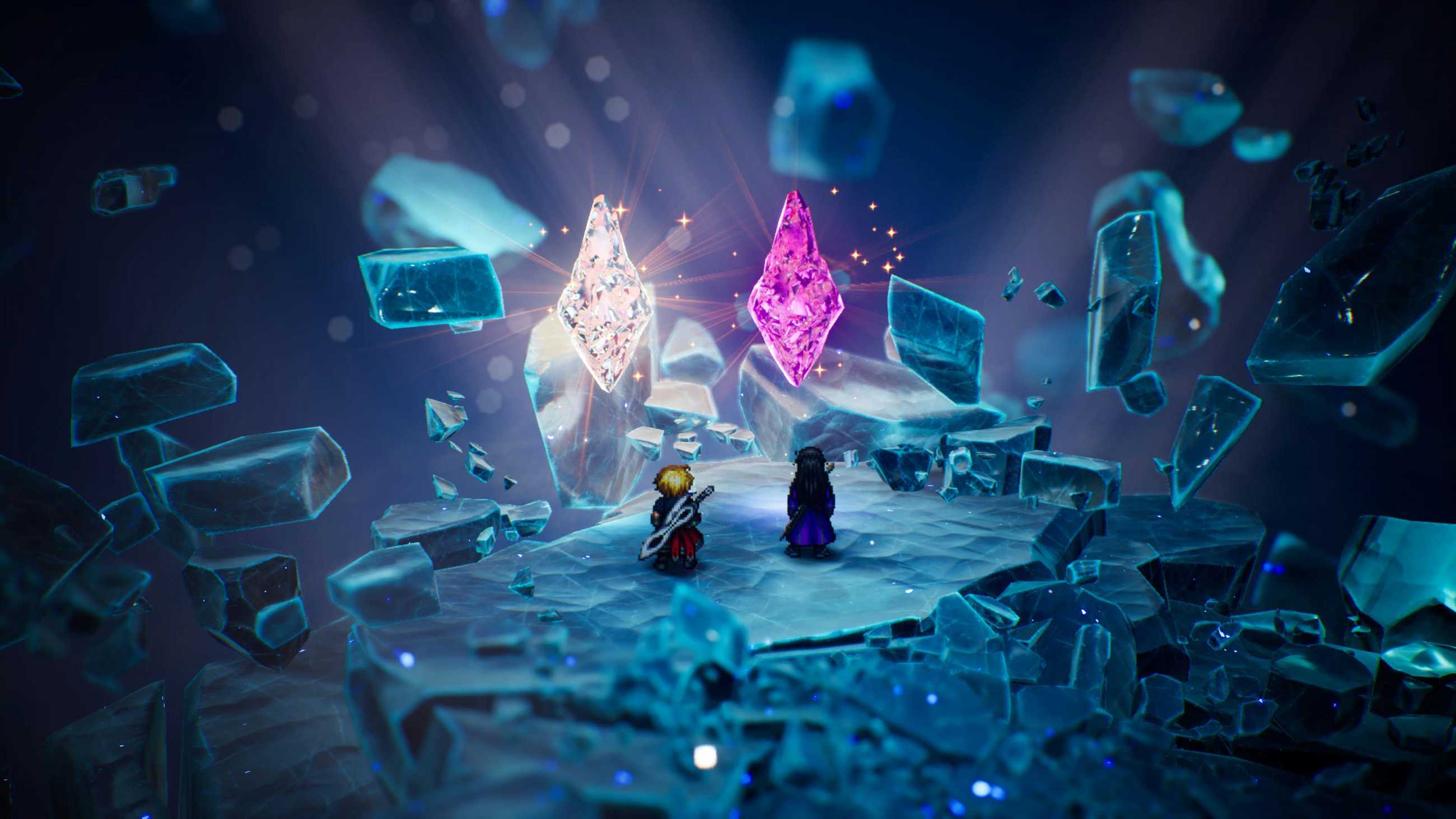 Rain and Lasswell stand on a floating stone platform before two glowing white and pink crystals, surrounded by suspended blue crystal fragments in Final Fantasy Resonance
