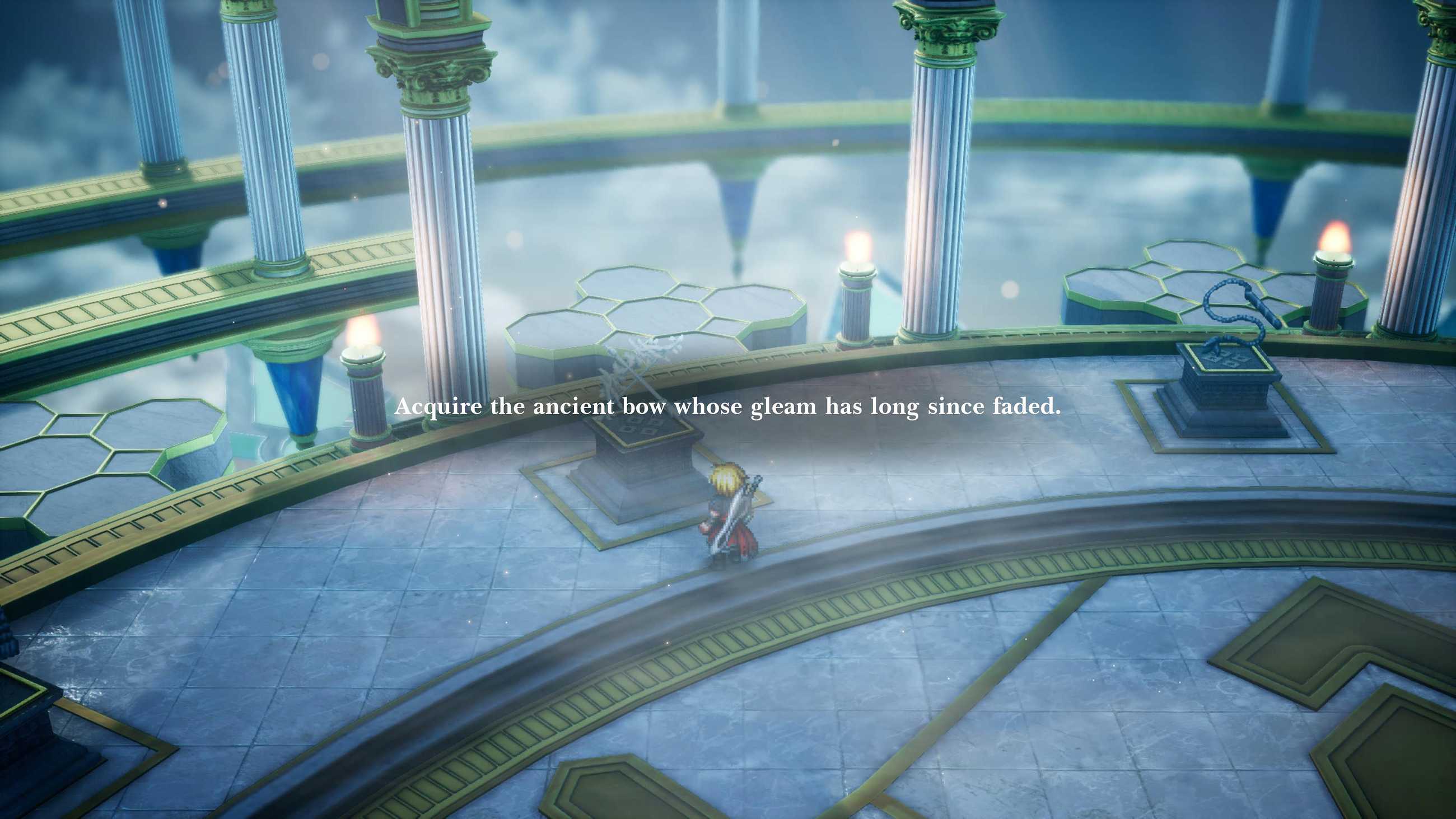 Rain examines an ancient weapon altar in Final Fantasy Resonance's Chamber of Arms, where a riddle hints at the location of an ancient bow among floating platforms and towering marble columns