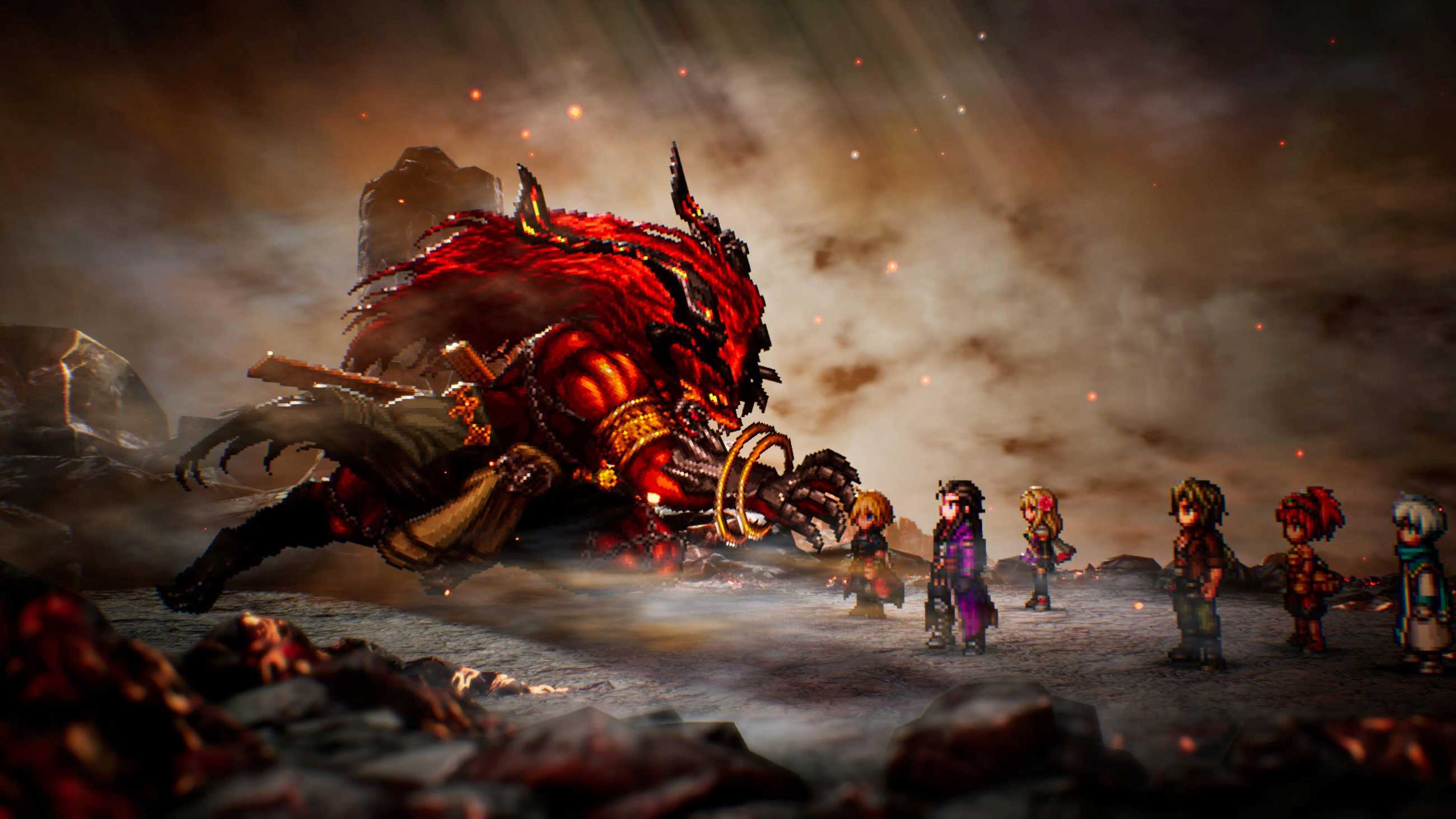 Rain, Lasswell, and their companions confront the massive, red-furred Esper in a scorched battlefield filled with smoke and embers in Final Fantasy Resonance