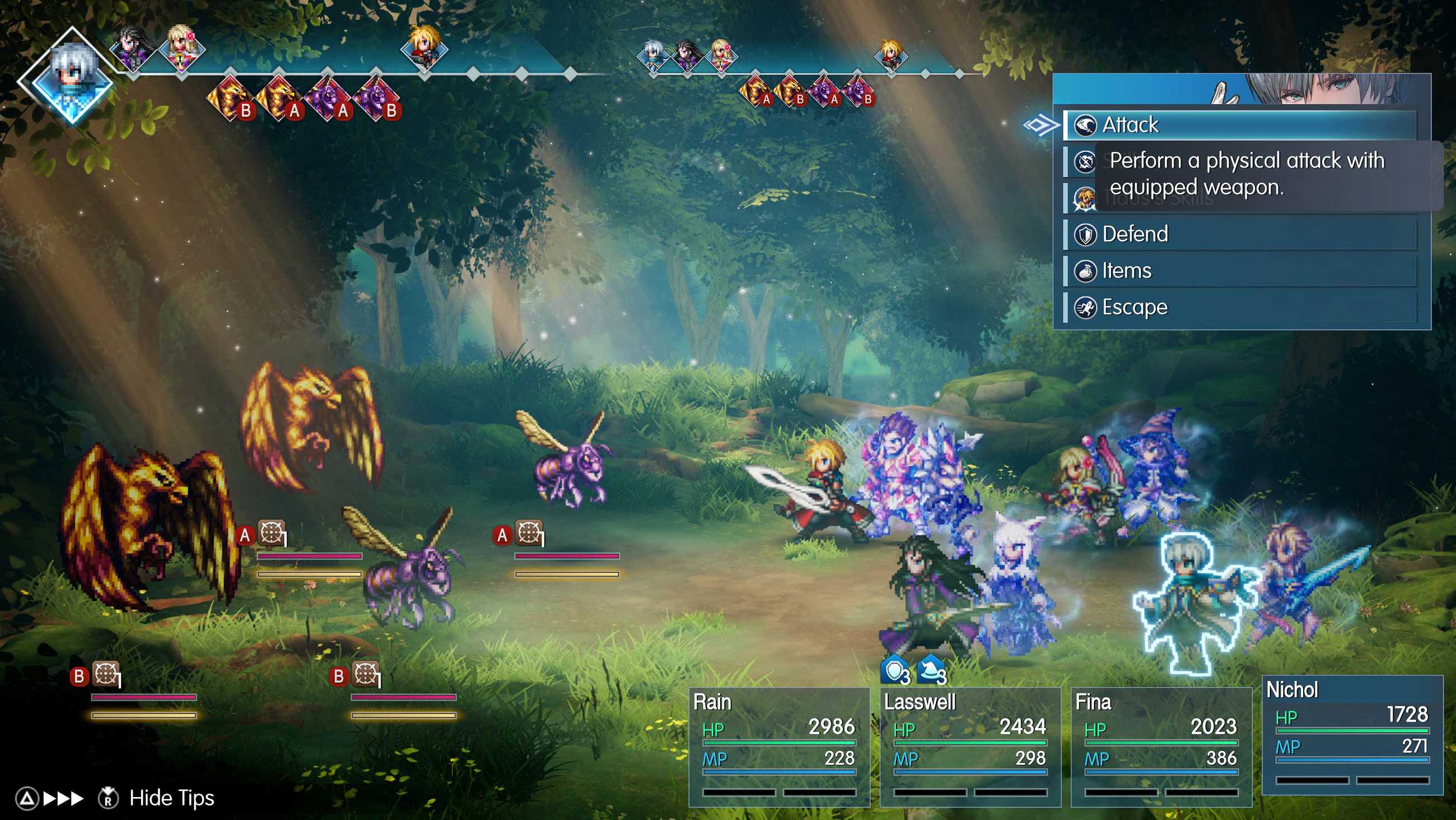Rain, Lasswell, Fina, and Nichol face golden bird-like monsters and purple flying insects in a forest battle in Final Fantasy Resonance, with Nichol's command menu and the turn-order timeline visible