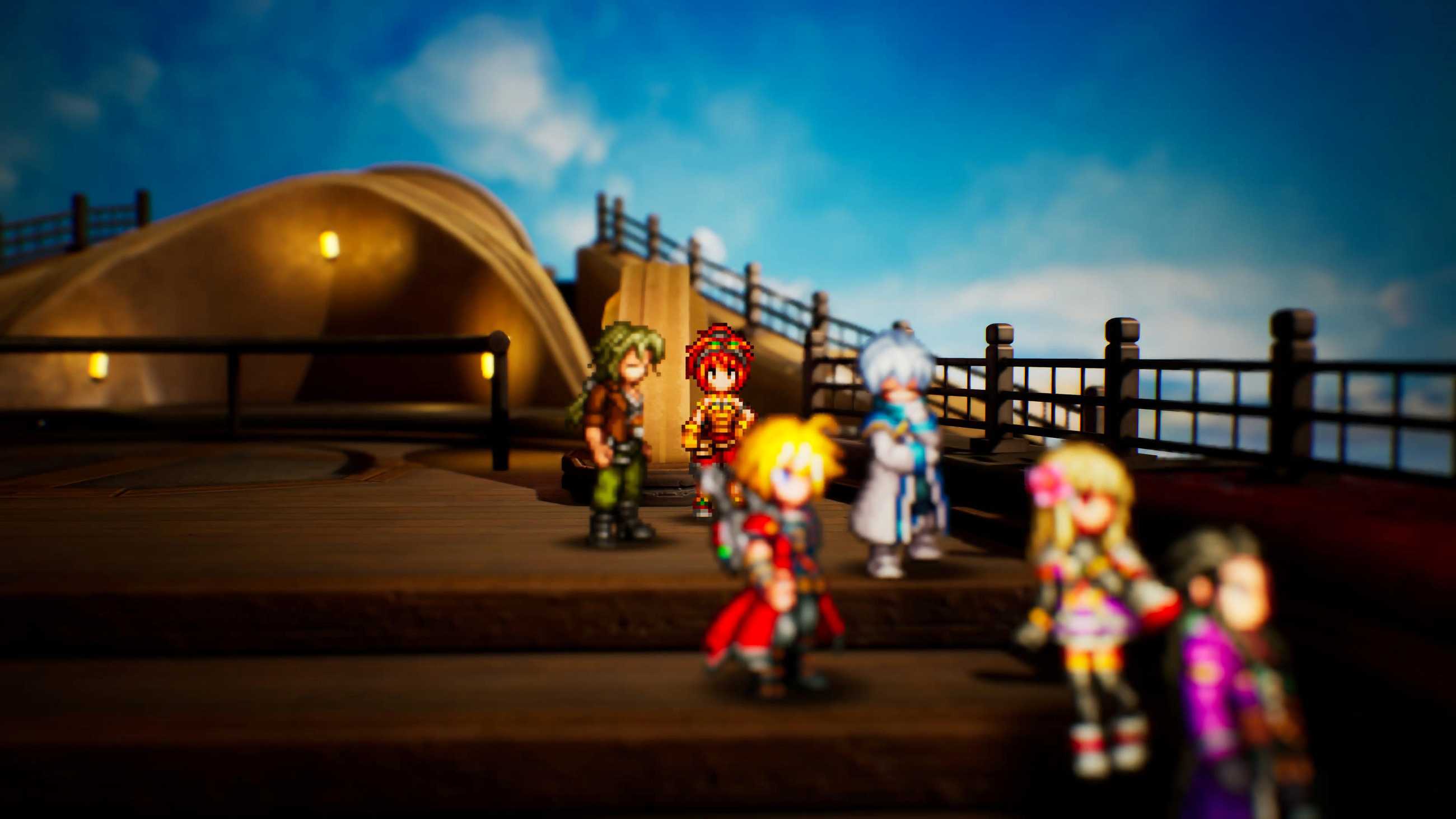 Rain, Lasswell, Fina, Nichol, and their companions gather on the wooden deck of an airship beneath a bright blue sky in Final Fantasy Resonance