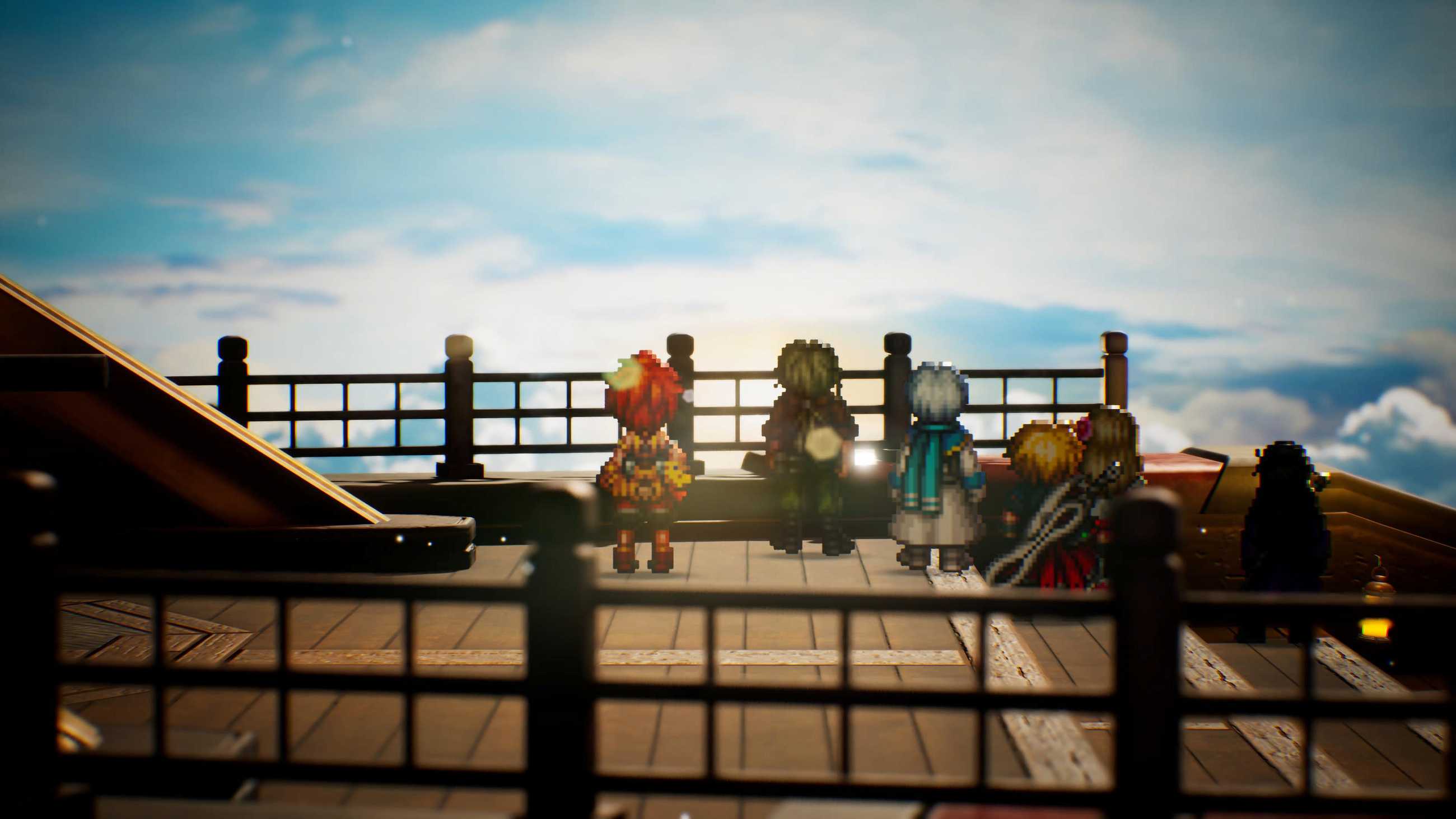 Rain, Lasswell, Nichol, and their companions stand on an airship's wooden deck, gazing out over a sunlit sea of clouds in Final Fantasy Resonance