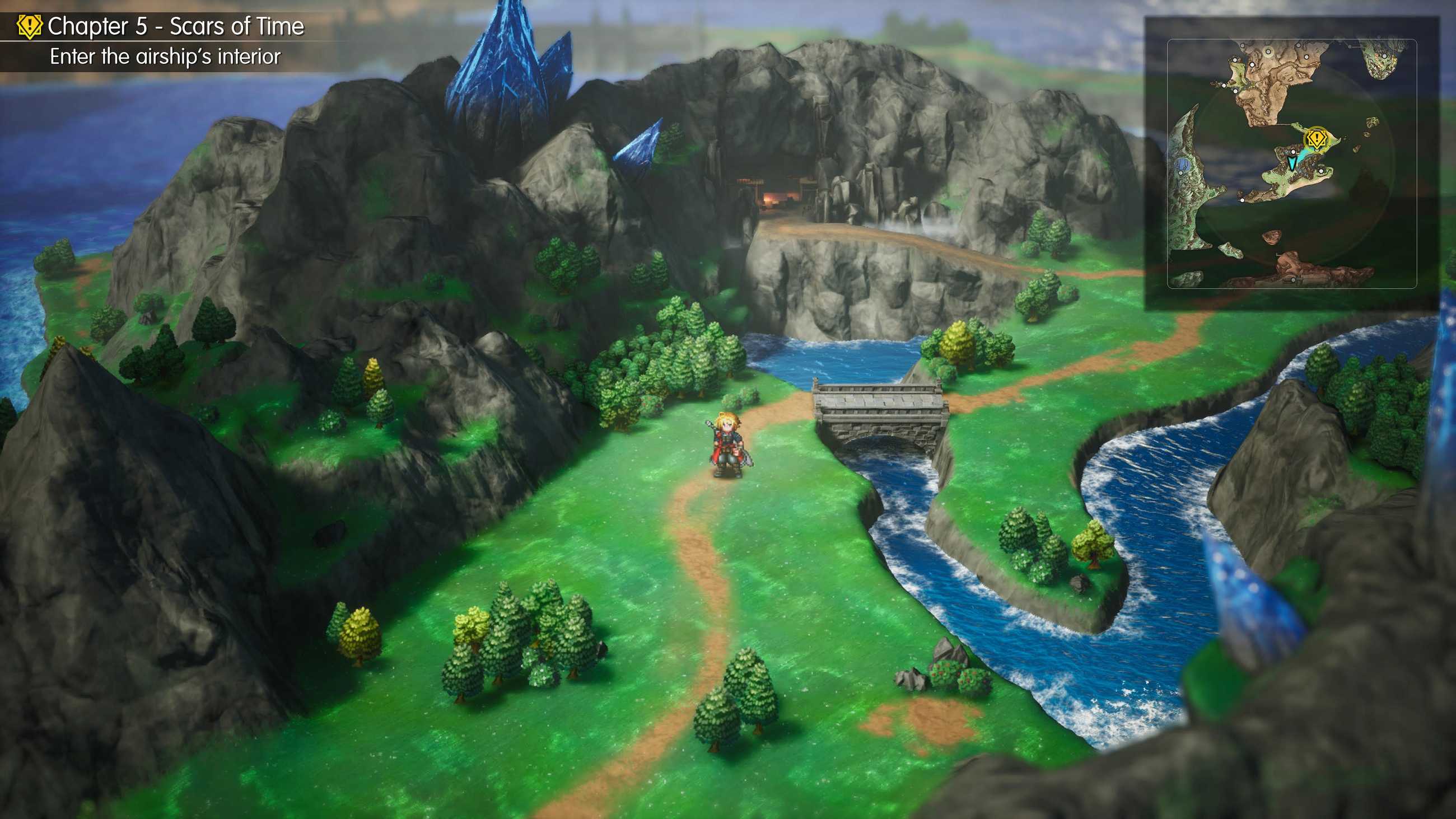 Rain stands on Final Fantasy Resonance's world map near a stone bridge and winding river, with rocky mountains, towering blue crystals, and the Chapter 5 objective to enter the airship's interior visible