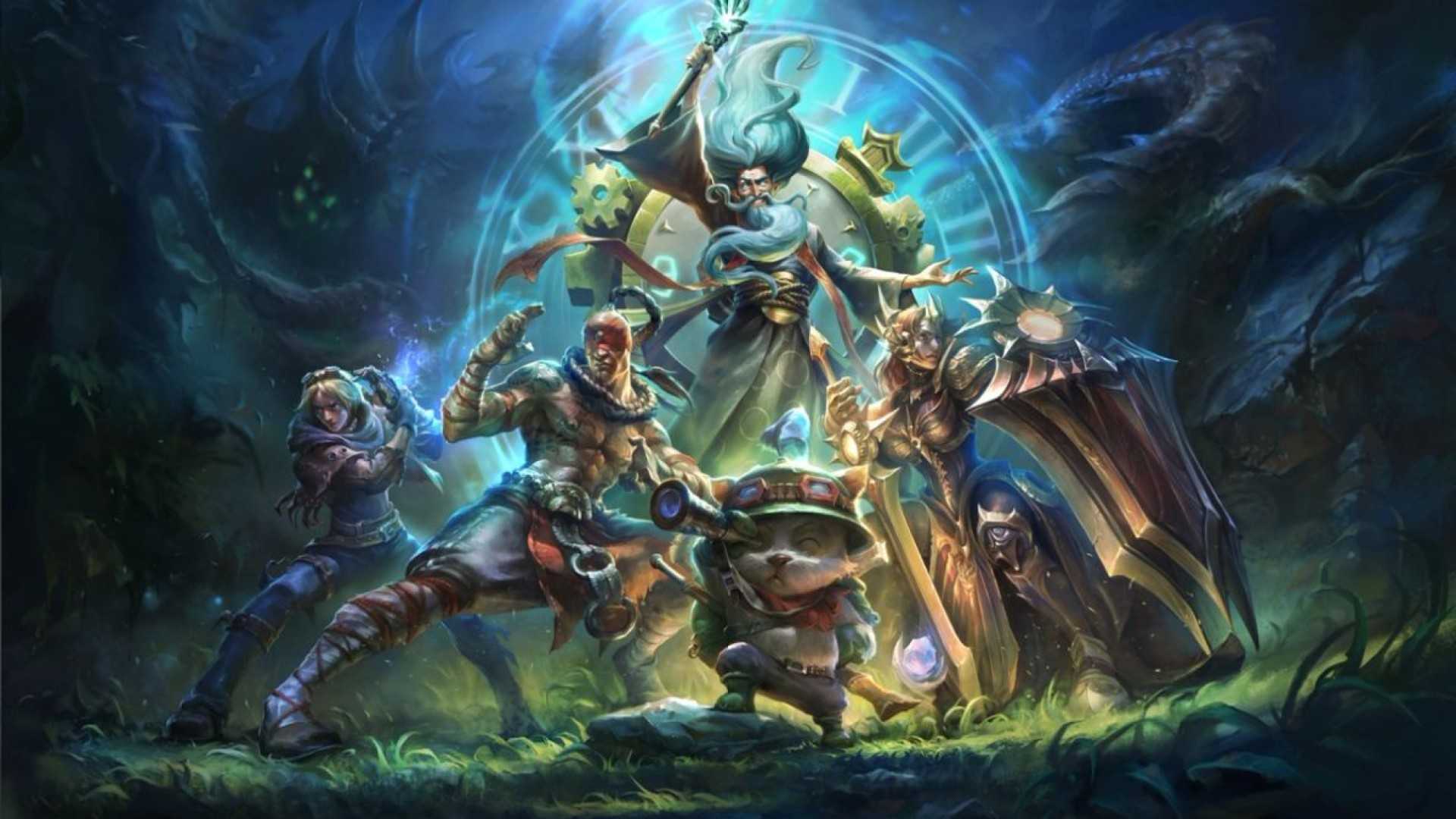 A group image of Ezreal, Lee Sin, Teemo, Leona, and Zilean from League of Legends Classic.