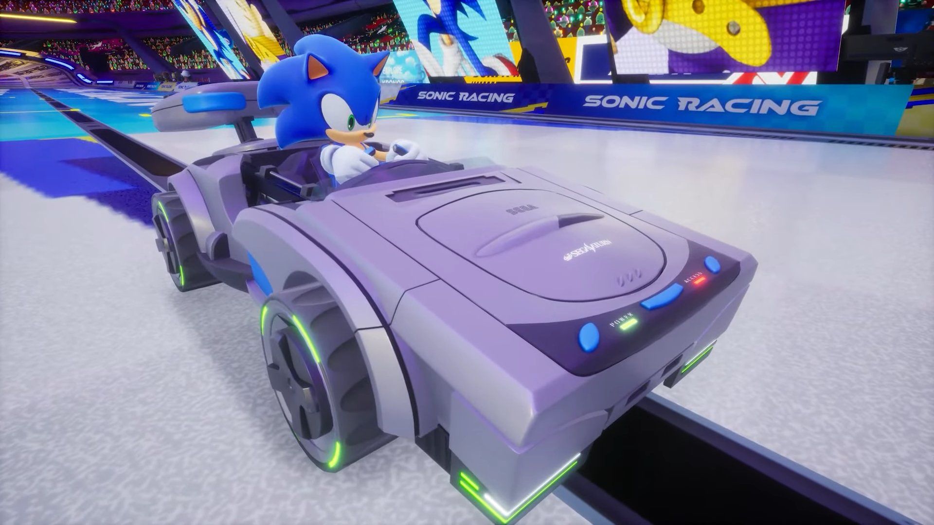 Sonic in racer patterned after Sega Saturn system