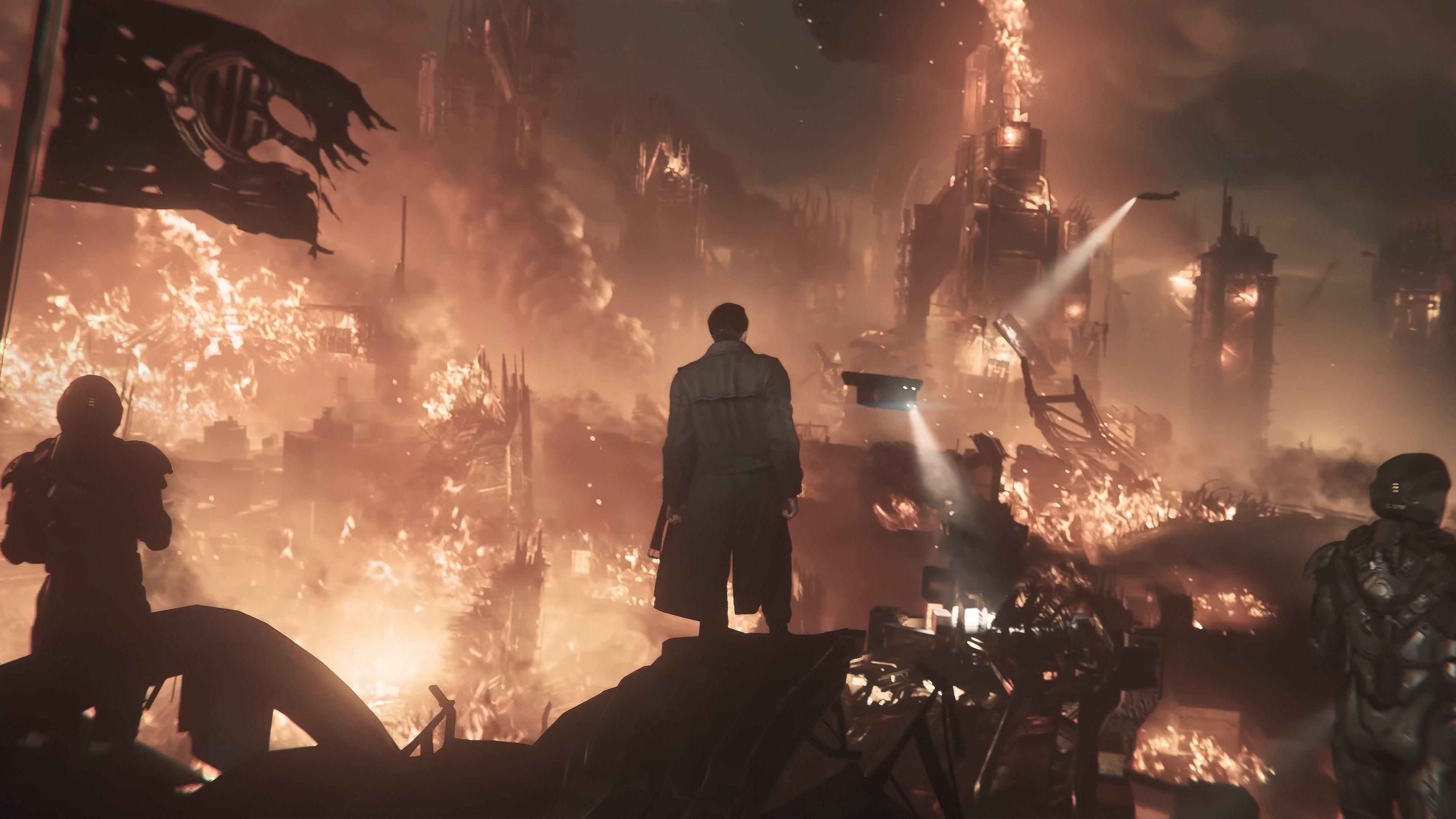 Star Citizen: Squadron 42 trailer screenshot showing burning city