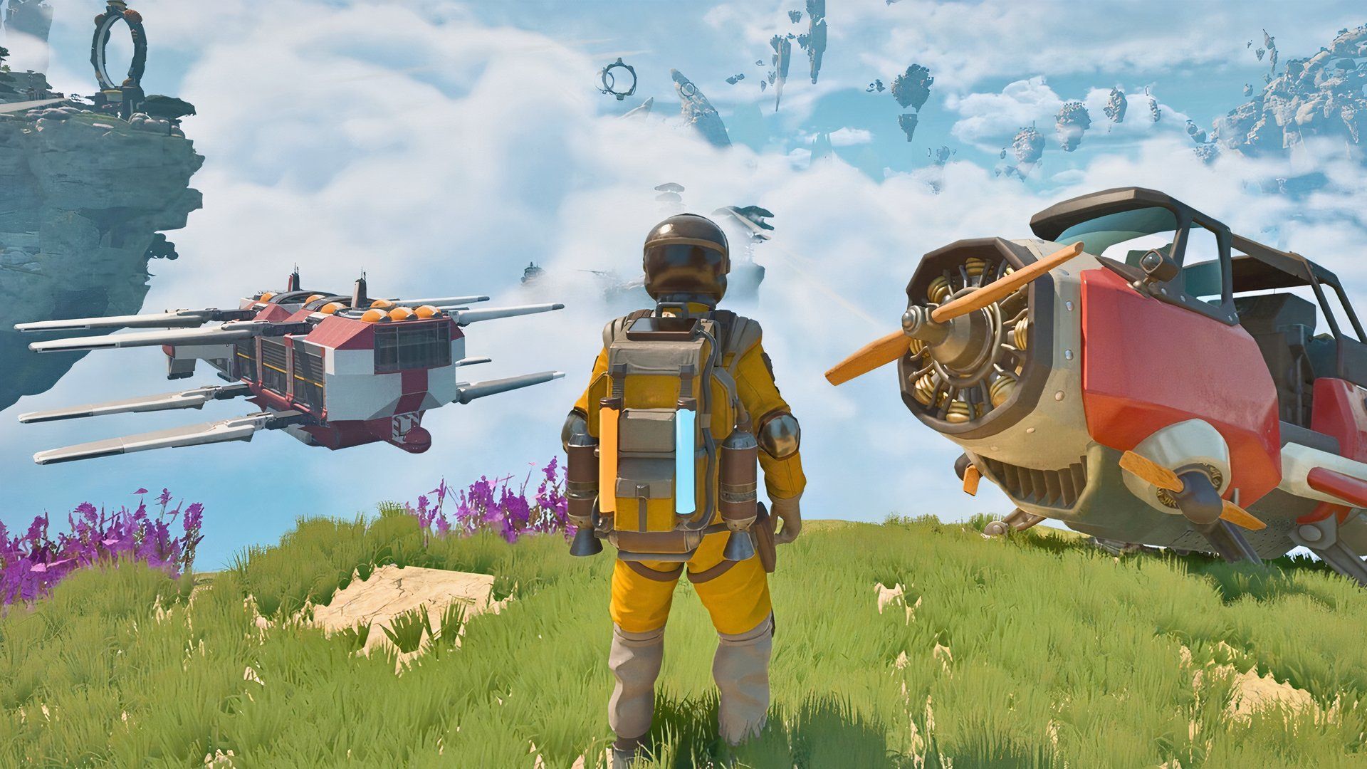 atmosfar player standing next to a wasp with the cloud cruiser visible in the background.