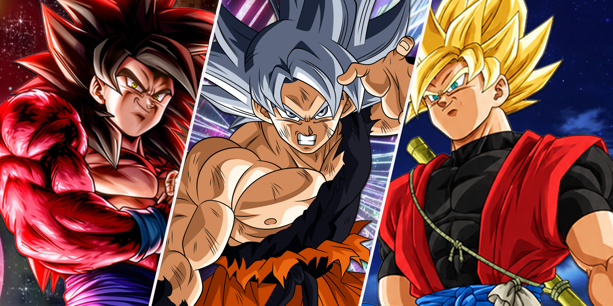 Super Saiyan 4 Goku, Ultra Instinct CC Goku, and SSJ Xeno Goku