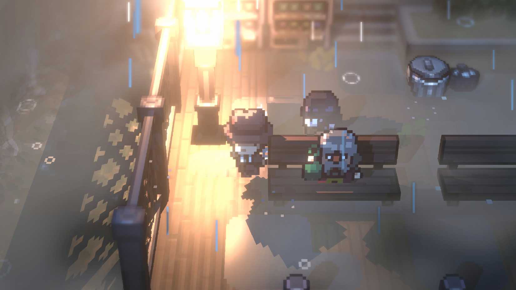 Three pixel-art characters gather around wooden benches beneath a brightly glowing streetlamp during a rainstorm in Graytail