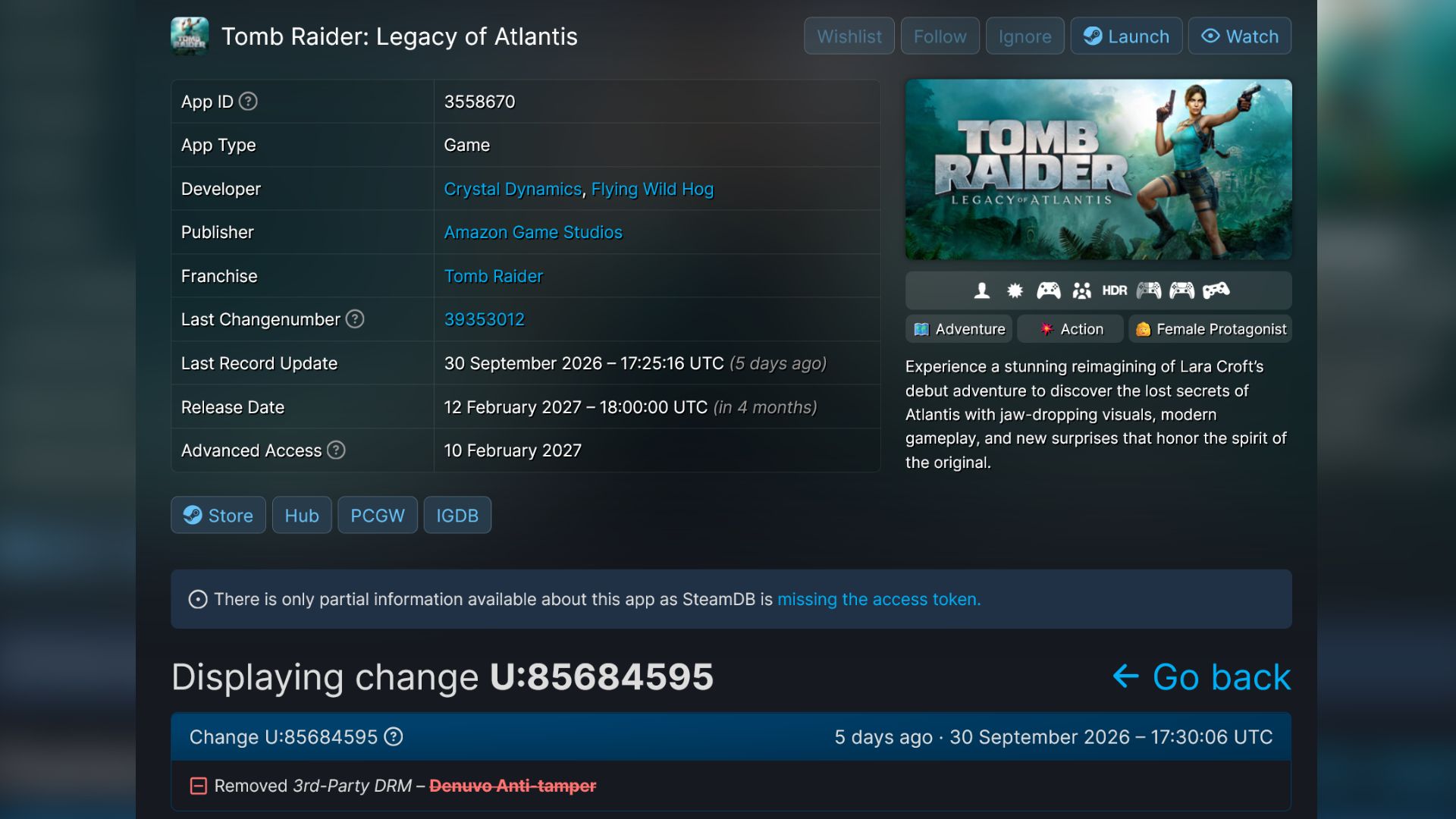 Tomb Raider Legacy of Atlantis SteamDB Denuvo removal update