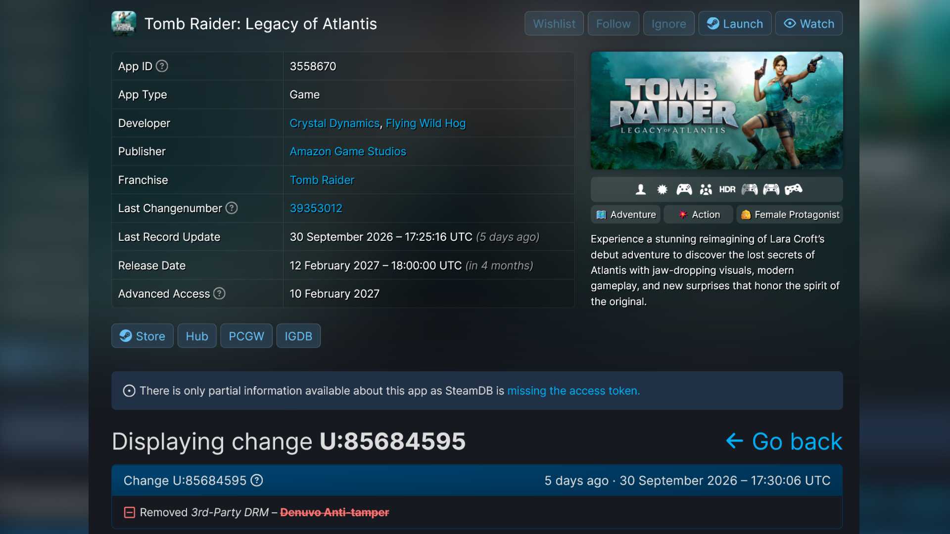 Tomb Raider Legacy of Atlantis SteamDB Denuvo removal update