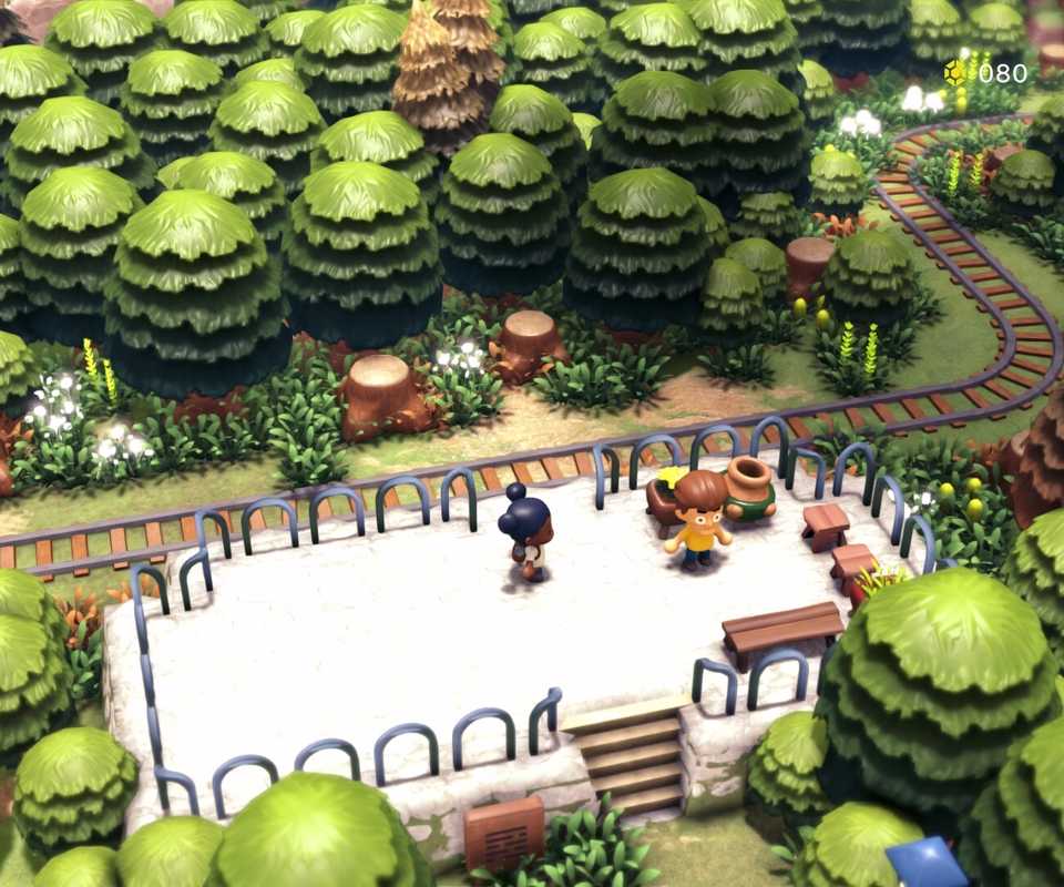 Two characters stand beside railway tracks in a lush forest in Littlelands