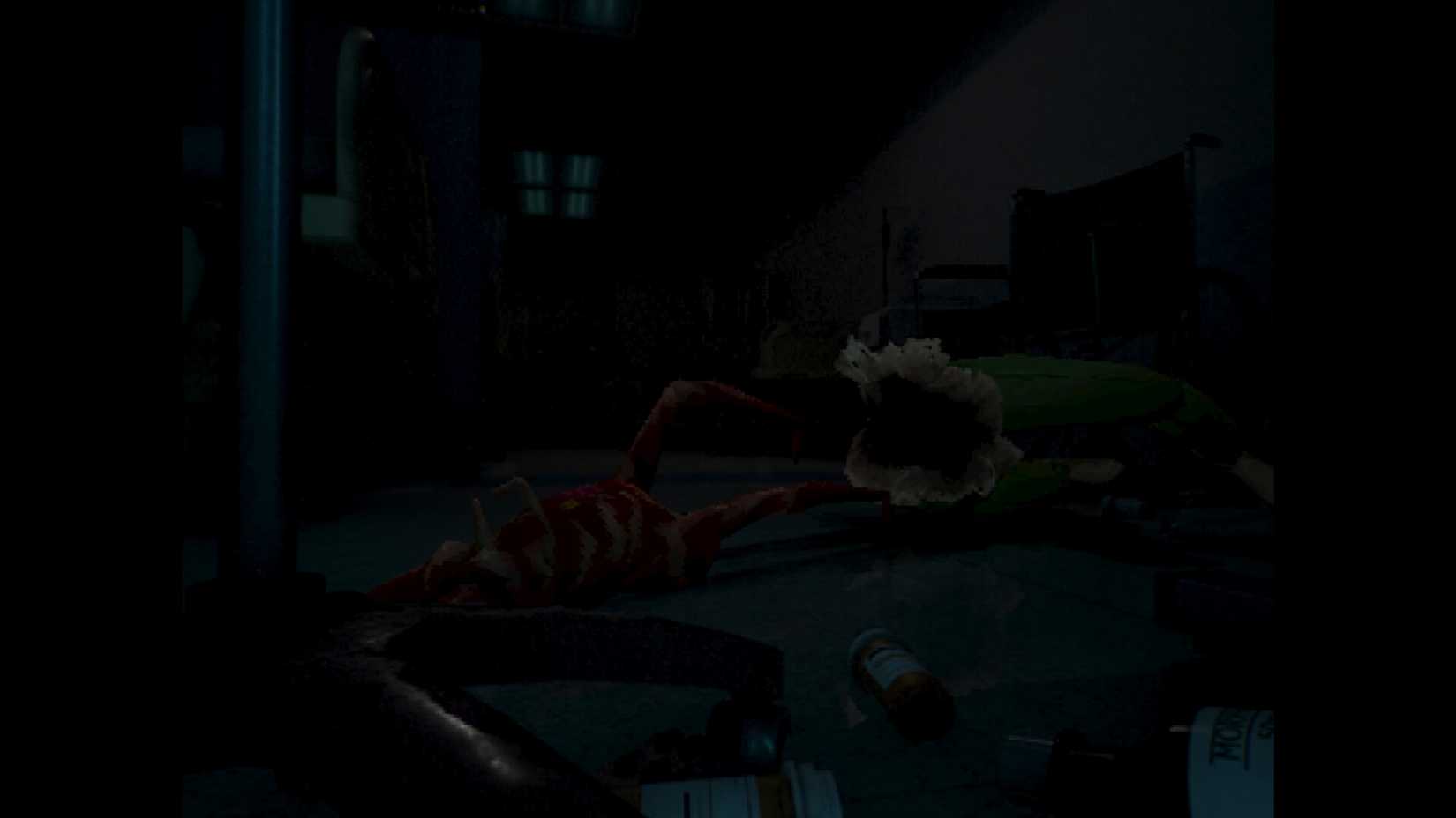 Two grotesque, mutated creatures lie on the floor of a dark alley beside a green dumpster in the survival horror game PHASE ZERO
