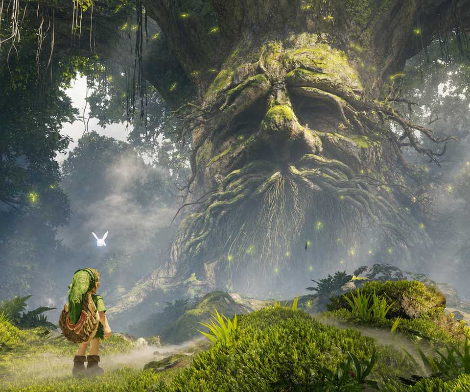 Young Link and Navi stand before the massive, moss-covered Great Deku Tree in a misty forest in The Legend of Zelda: Ocarina of Time remake for Nintendo Switch 2