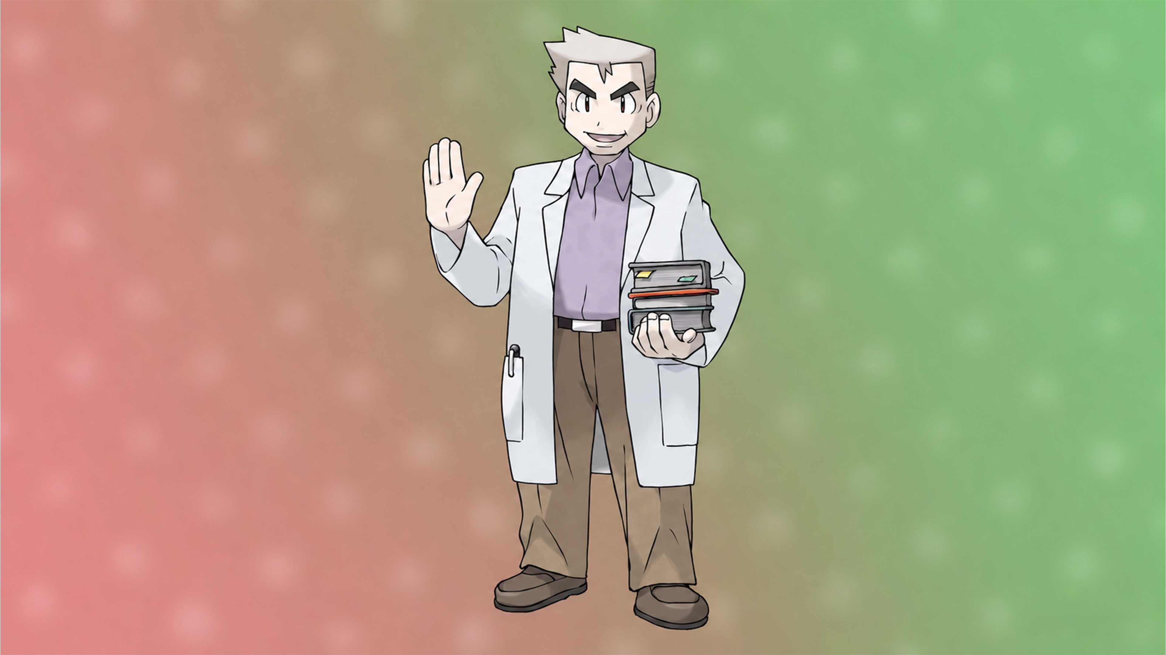 Professor Oak from Pokemon FireRed and LeafGreen smiles and waves while holding a stack of books, wearing his signature white lab coat against a blurred red and green background