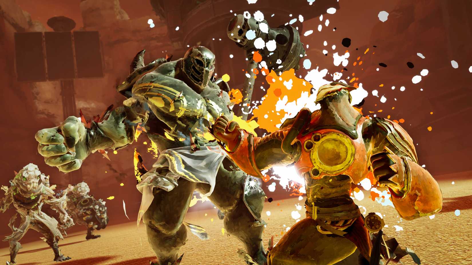 Victus punches a towering armored enemy as explosions erupt during combat in Elta Defy All Gods